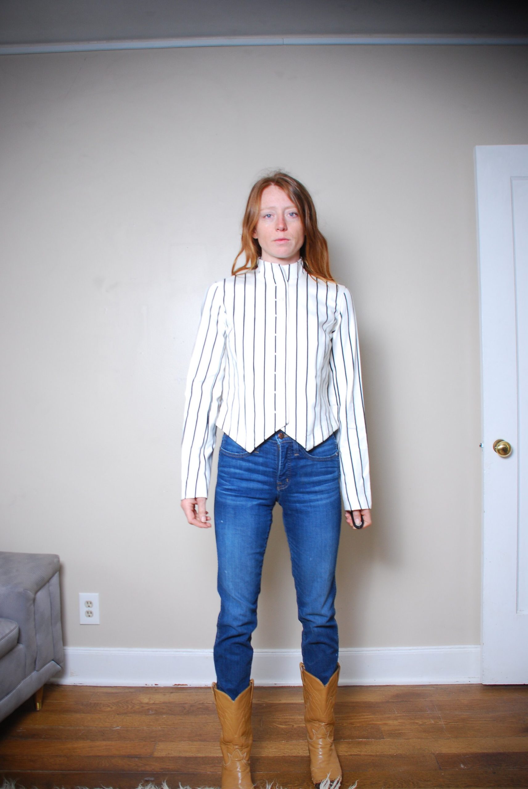 Vintage Small American Life Tailored Jacket Black White Stripe Button Down High Collar Military Muse Cropped Cool Bell Sleeve Womens Vintage