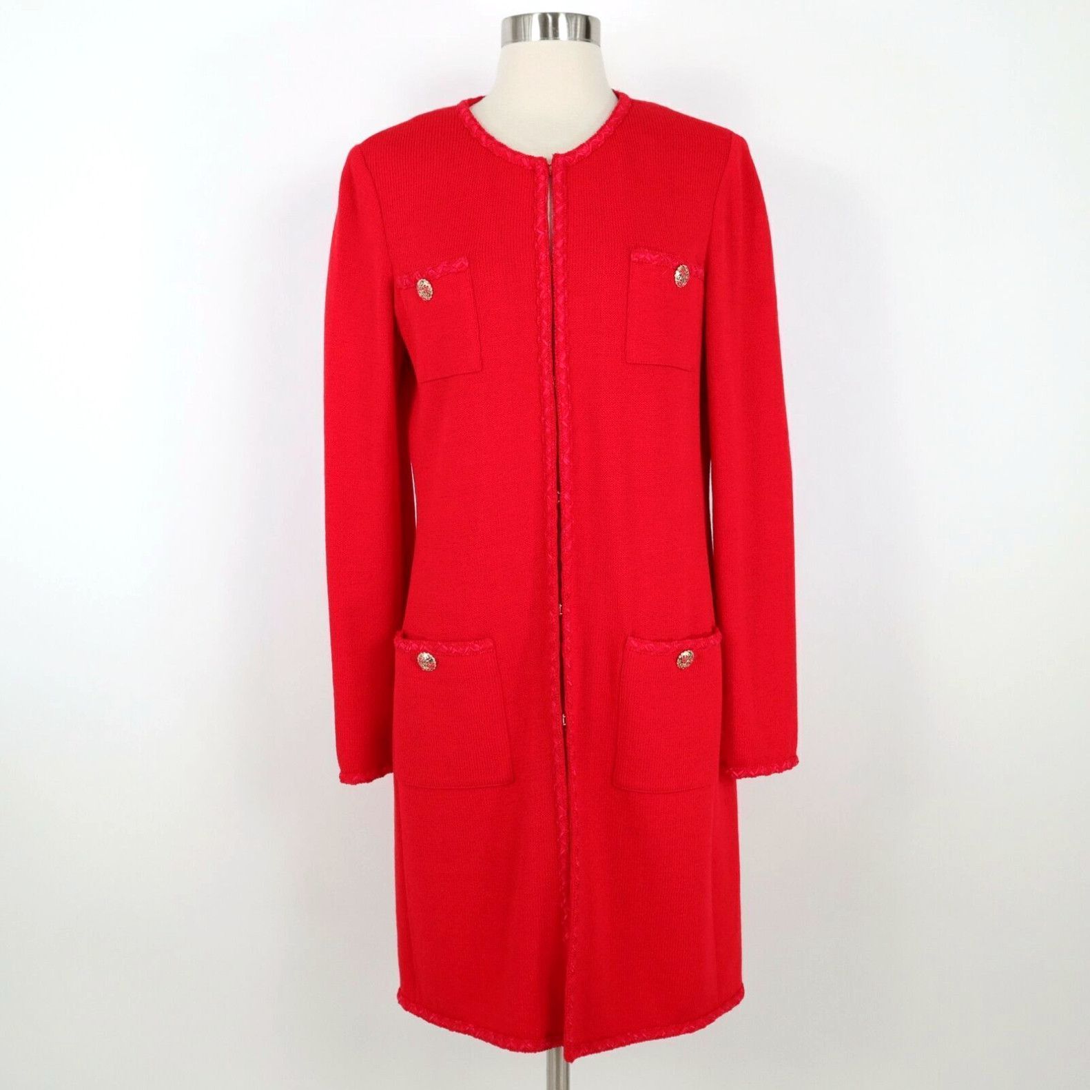 Vintage St. John Cardigan Coat Duster 8 Red Santana Knit Braided Trim Pockets Buttons in White, Women's (Size Medium)