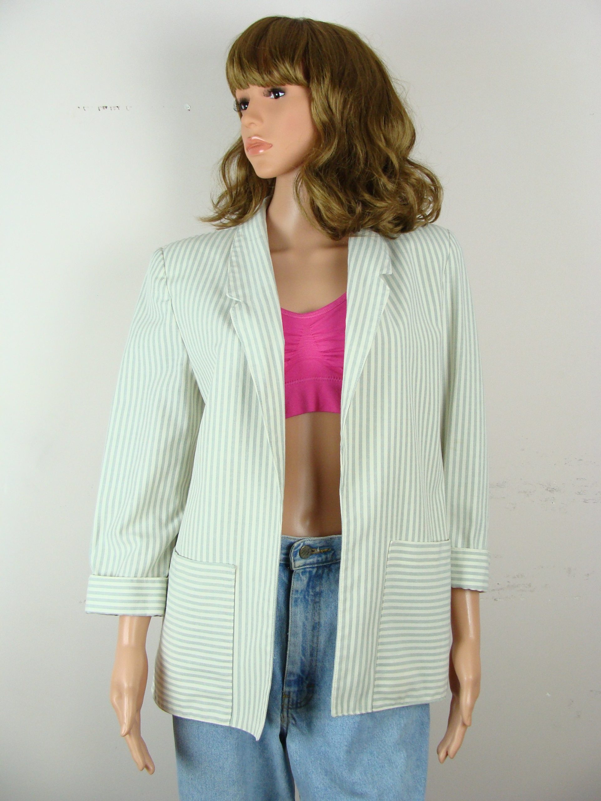 Vintage Striped Blazer 80S Oversized Jacket Shoulder Pads Pockets Boxy Casual Spring Summer Layering Piece Brian David Canada Sz 6