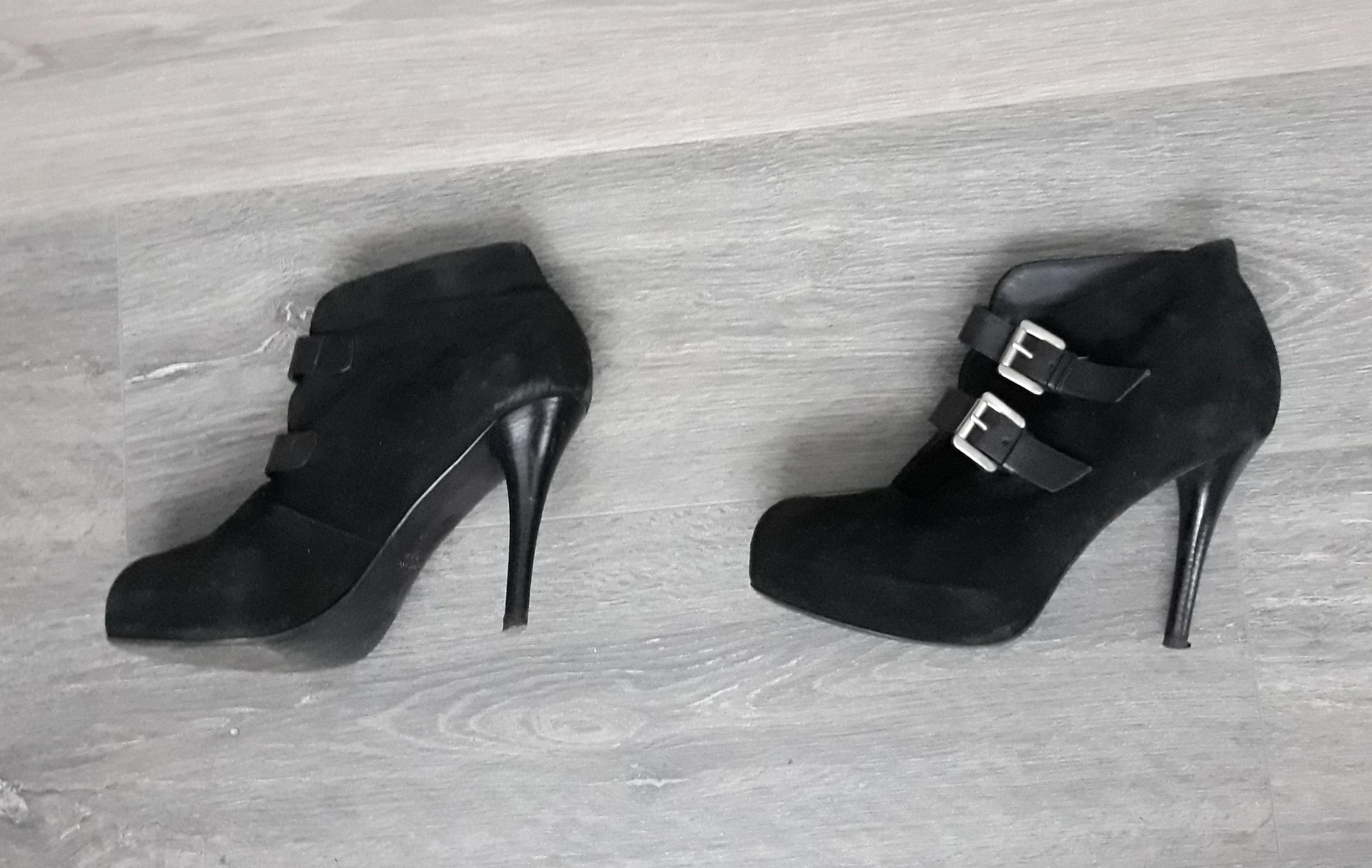 Vintage Suede Leather Women Black Strappy Shoes Italian Stiletto Heel Eu 41 Size Platform Booties