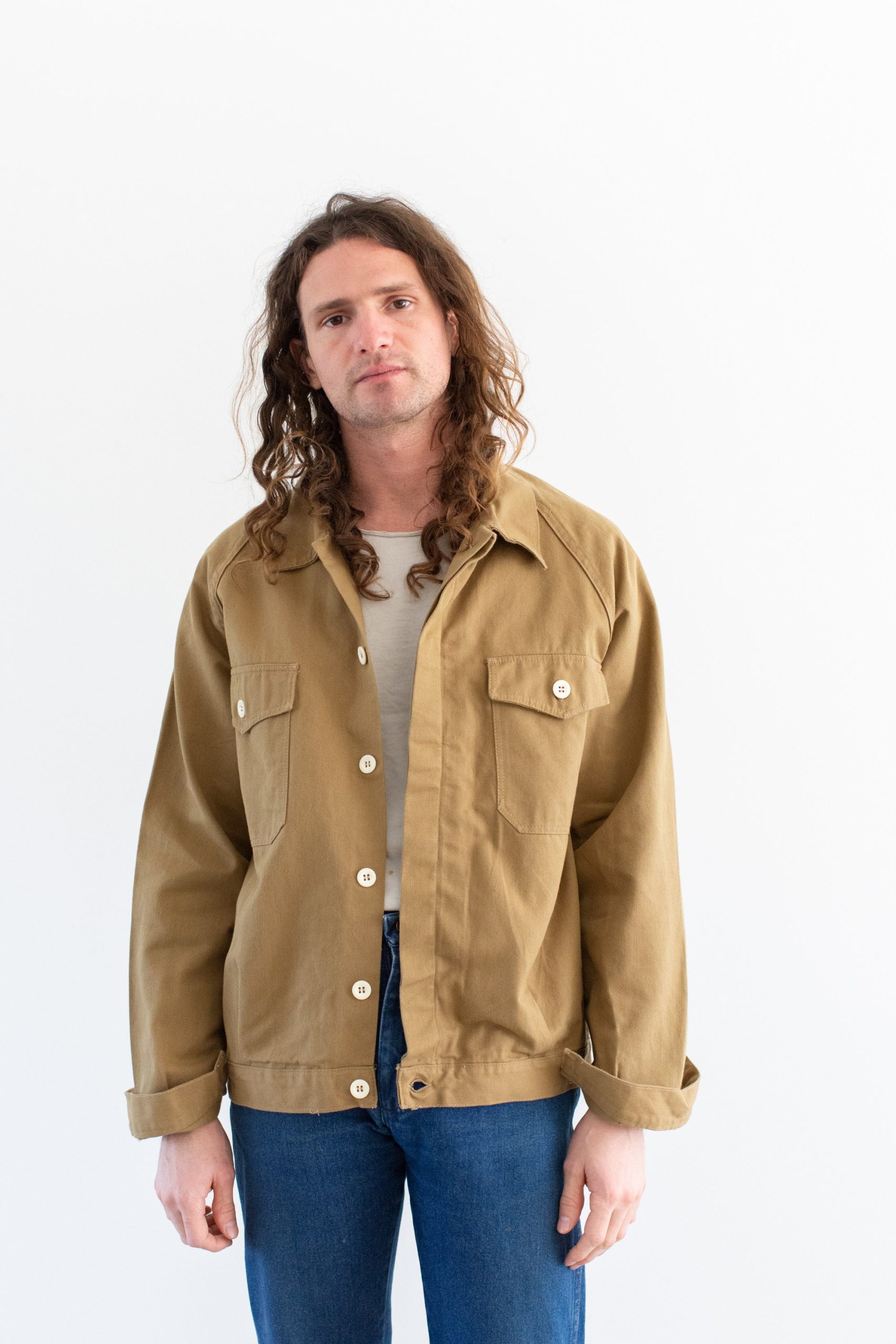 Vintage Tan Khaki Raglan Work Jacket | Unisex Cotton Canvas Utility Coat Made in Italy M L It514