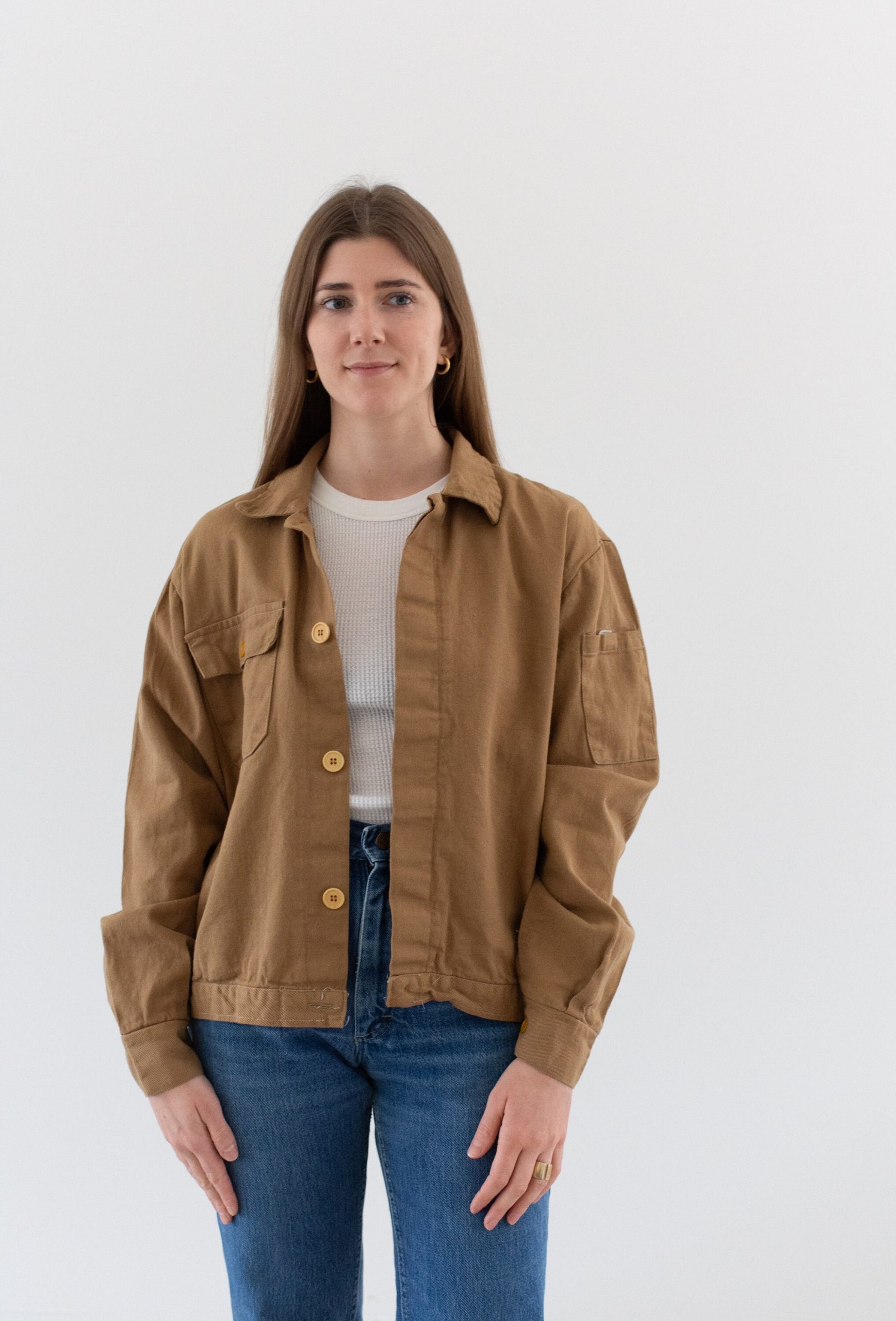 Vintage Tan Khaki Single Pocket Work Jacket | Unisex Utility Coat Made in Italy M It364