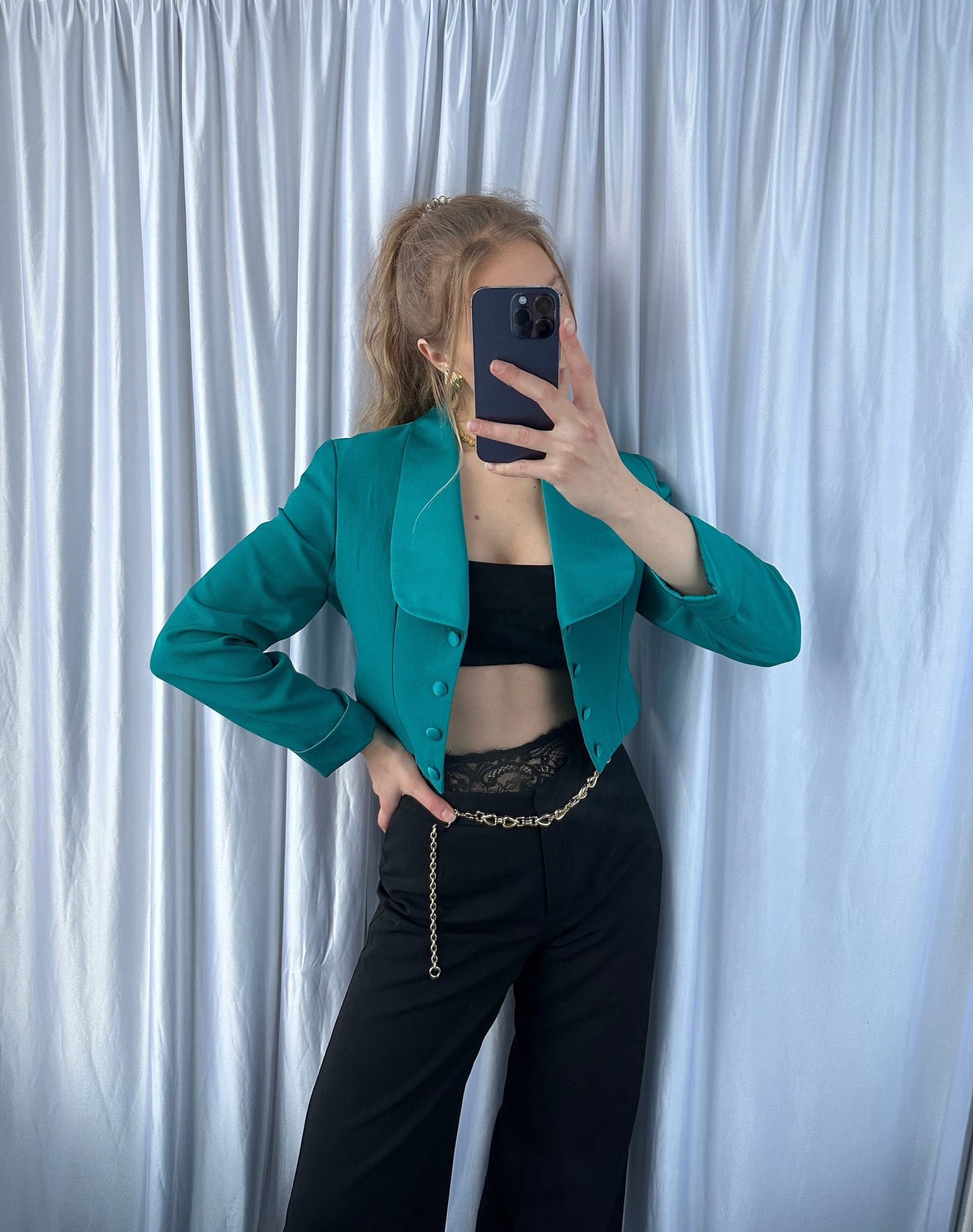 Vintage Turquoise Bolero Jacket, Cropped Elegant Blazer With Satin Details