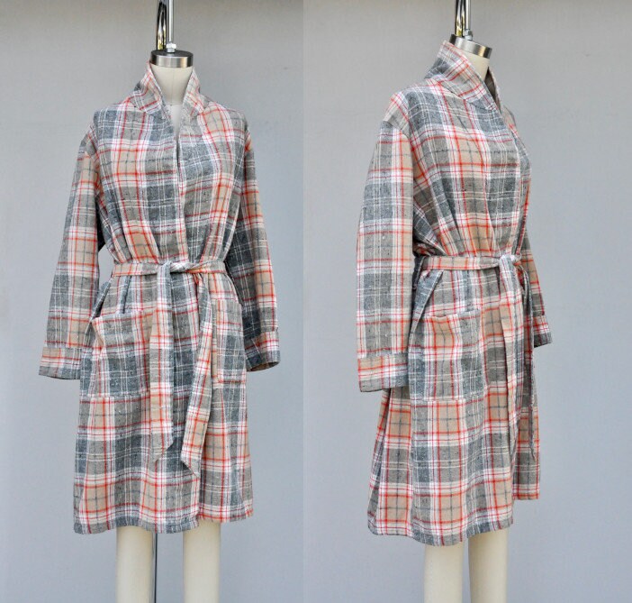 Vintage Unisex Robe - Checkered Plaid Bed Jacket Layering Duster Coat Loungewear House Boho S M