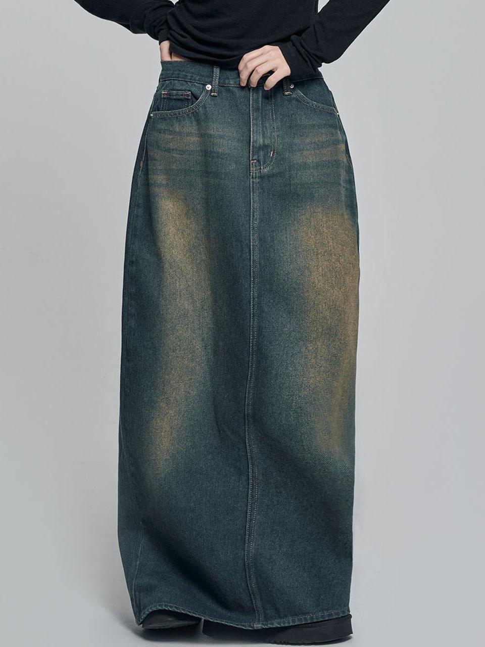 Vintage Wash Denim Long Straight Fit Skirt