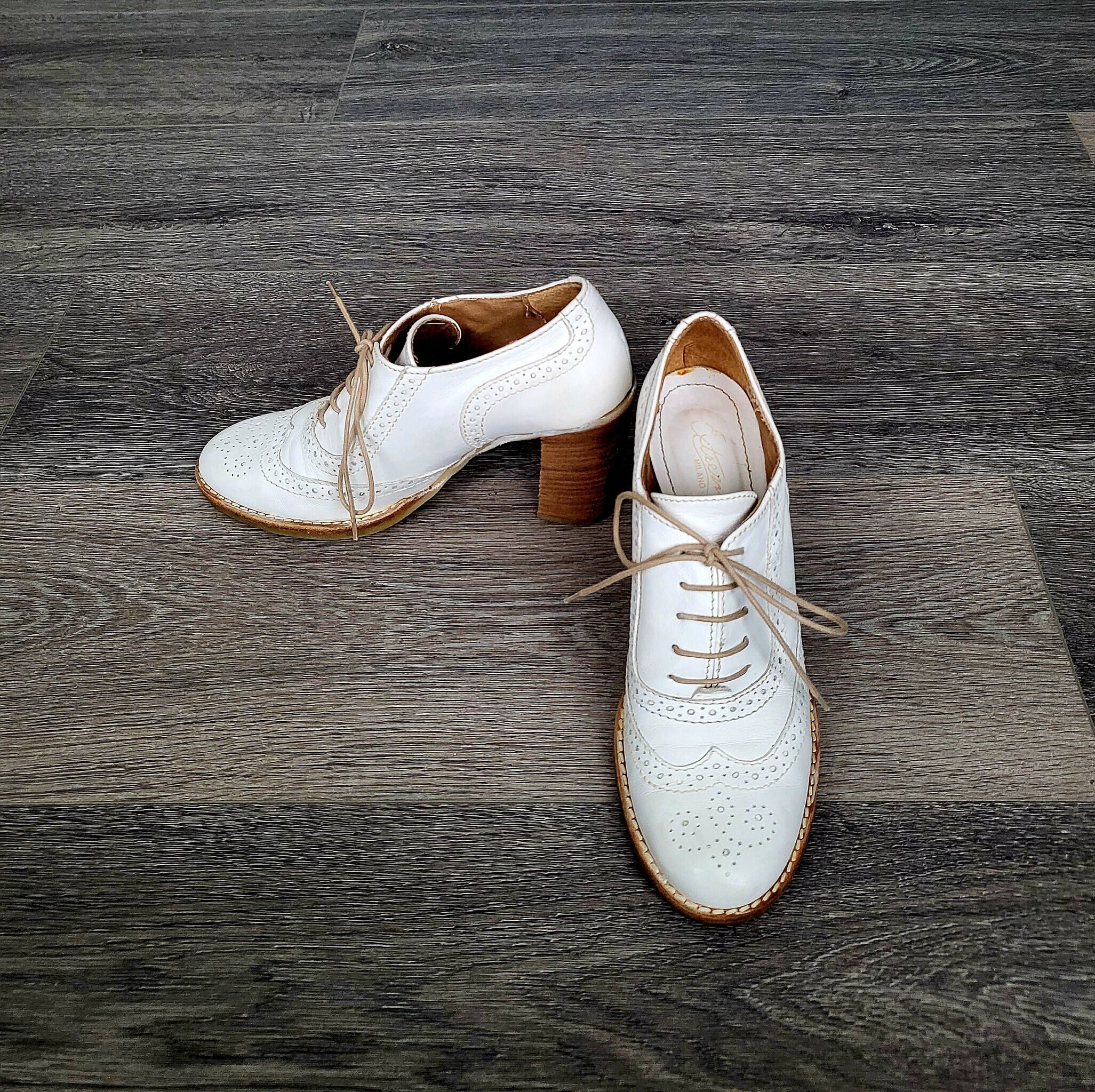 Vintage White Lace Up Leather Shoes Size 38 Eu Women Heeled Brogue Oxford Booties/Made in Italy