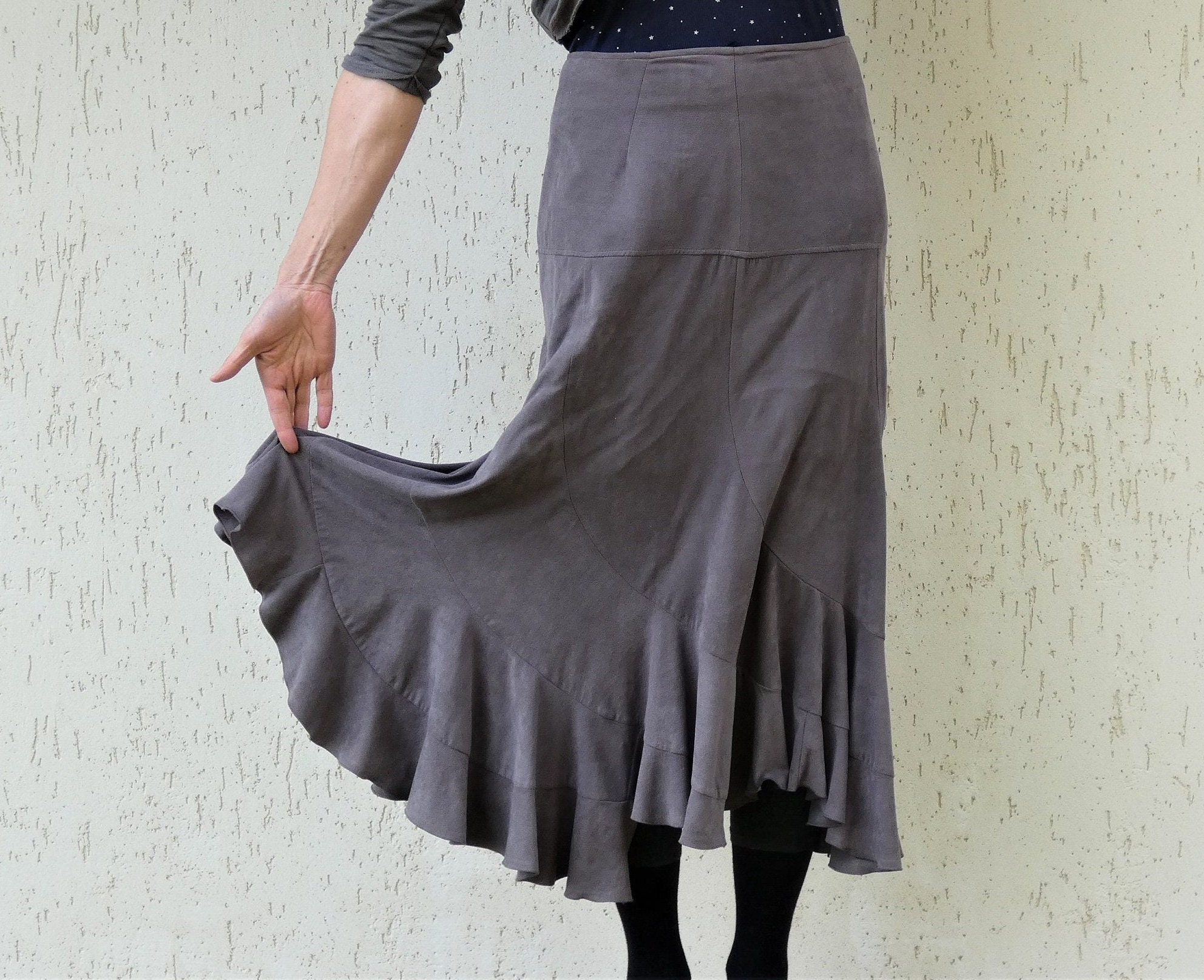 Vintage Women Gray Asymmetrical Skirt Long Deadstock Frill Skirts L Size Made in Poland