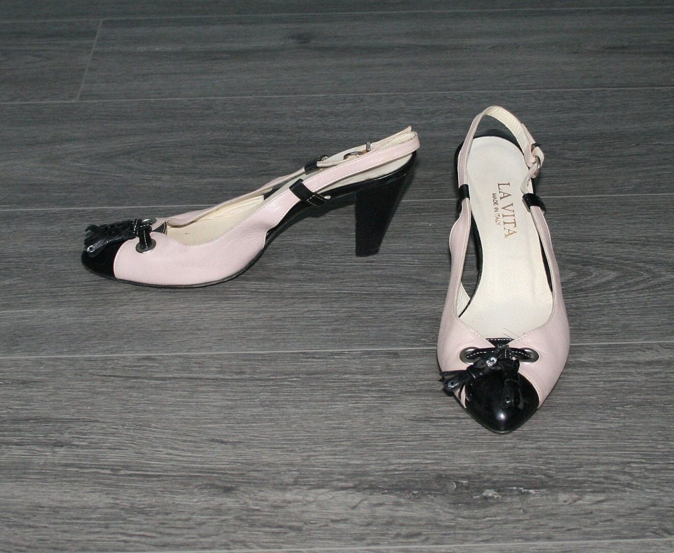 Vintage Women Pink & Black Slingback Shoes/Leather Heeled Tassel Pumps Eu Size 37 Made in Italy