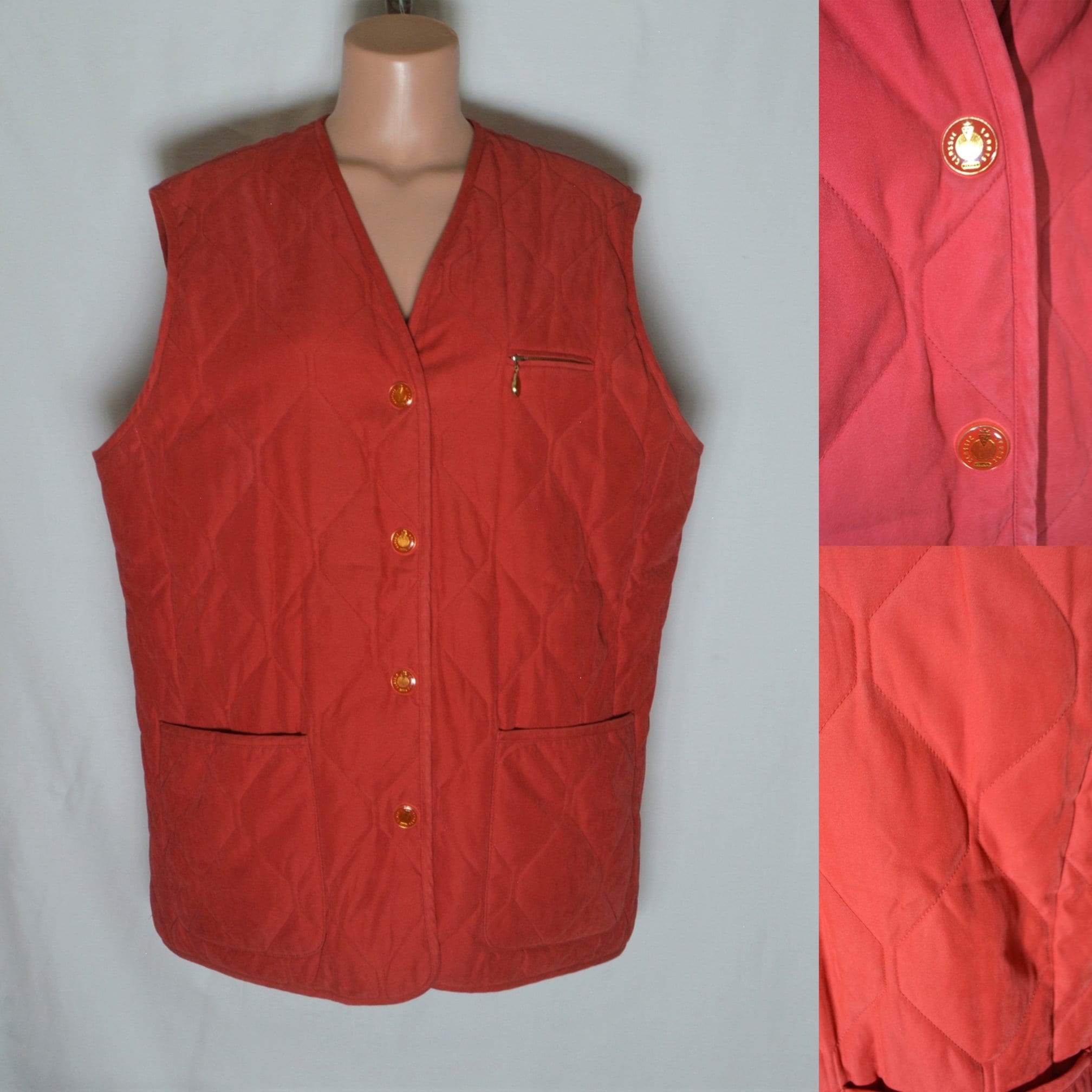 Vintage Women Red Vest Size Xl/46 Quilted Sleeveless Jacket Snaps Bodywarmer Gilet Padded Waistcoat Pockets Winter