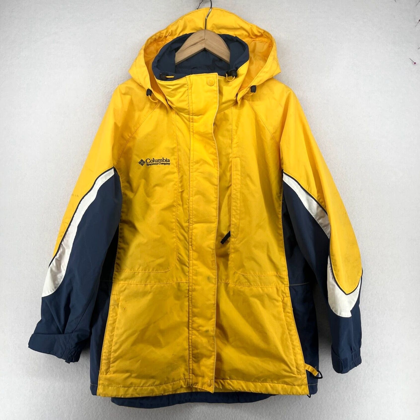 Vintage Womens Softshell Hooded Colorblock Yellow Raincoat Parka Nylon Jacket By Columbia in White (Size Large)