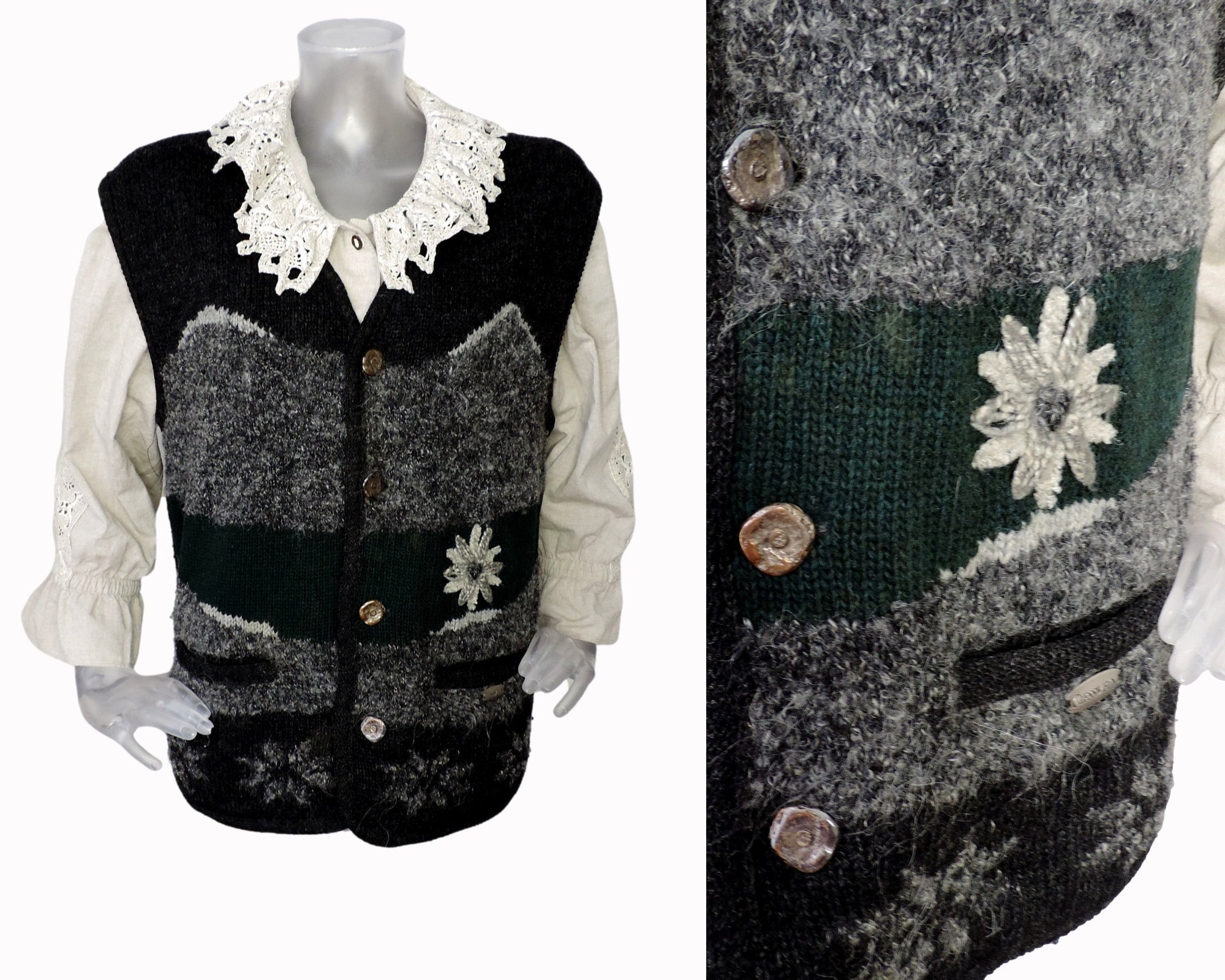 Vintage Wool Bavarian Folk Gilet/Grey Wolol Body Warmer/L-xl /Dirndl Jacket/Oktoberfest/Cottagecore/Austrian/Trachten/Tyrol