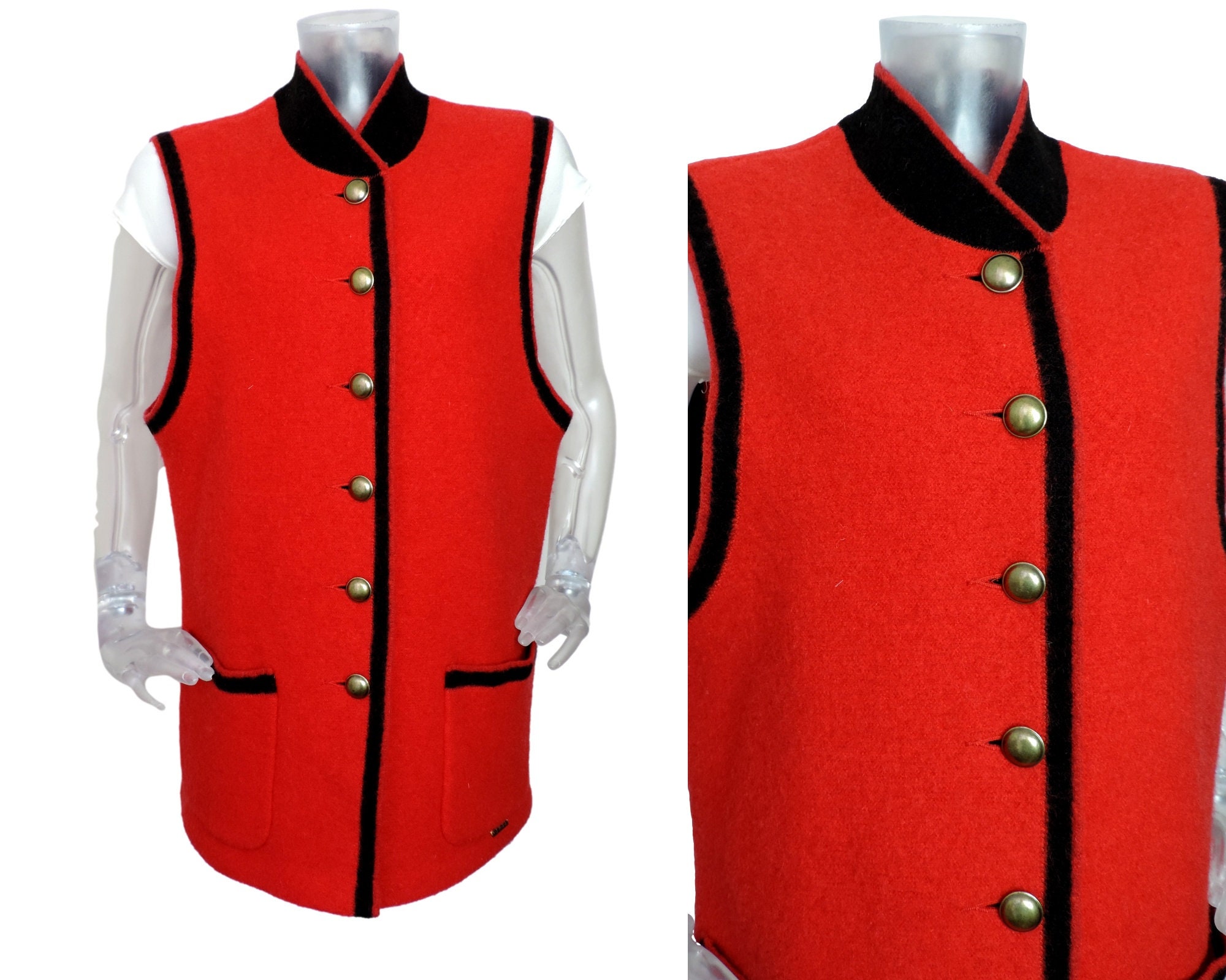 Vintage Wool Bavarian Folk Gilet/Red Military Style Body Warmer/Medium /Dirndl Jacket/Oktoberfest/Cottagecore/Austrian/Trachten/Tyrol
