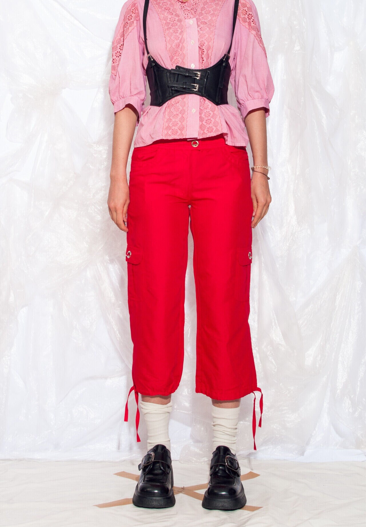 Vintage Y2K Cargo Trousers in Red Gorpcore 2000S Utility Style Bermudas Pocket Pants Medium