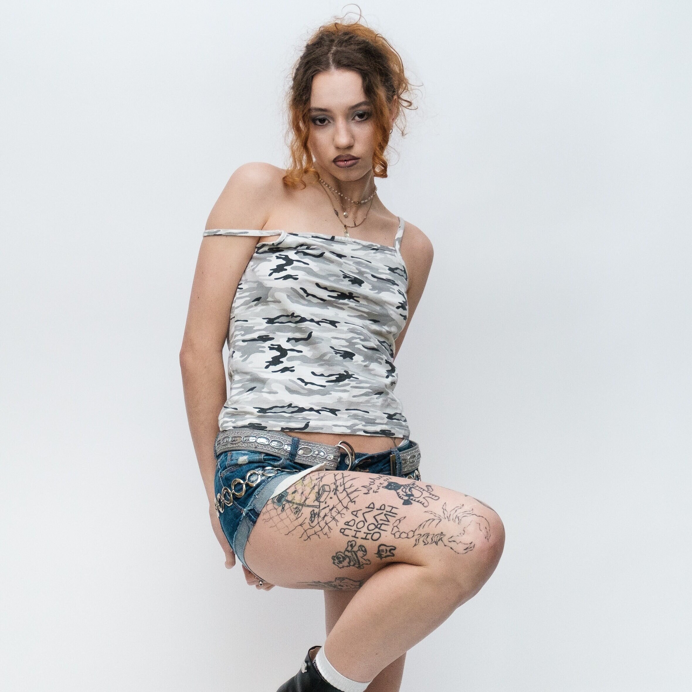 Vintage Y2K Cool Camouflage Strappy Tank Top in Grey Tones