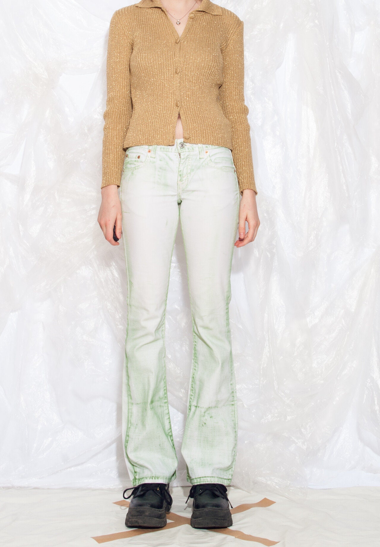 Vintage Y2K Levi's Flare Jeans in Green White Hand-Painted 2000S Reworked Flared Bootcut Rave Denim Pants Small