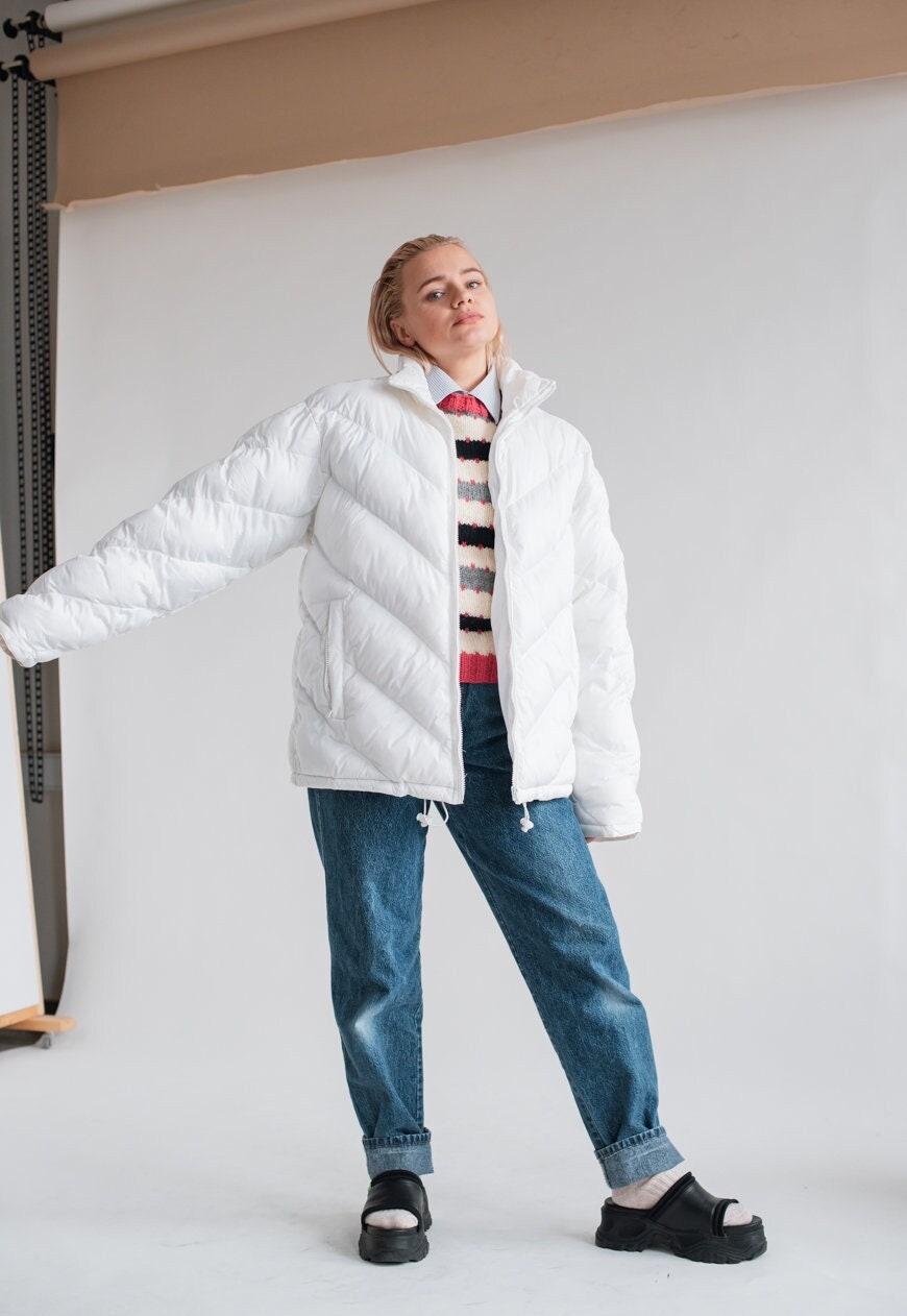 Vintage Y2K Padded White Zip Up Women Puffer Jacket M