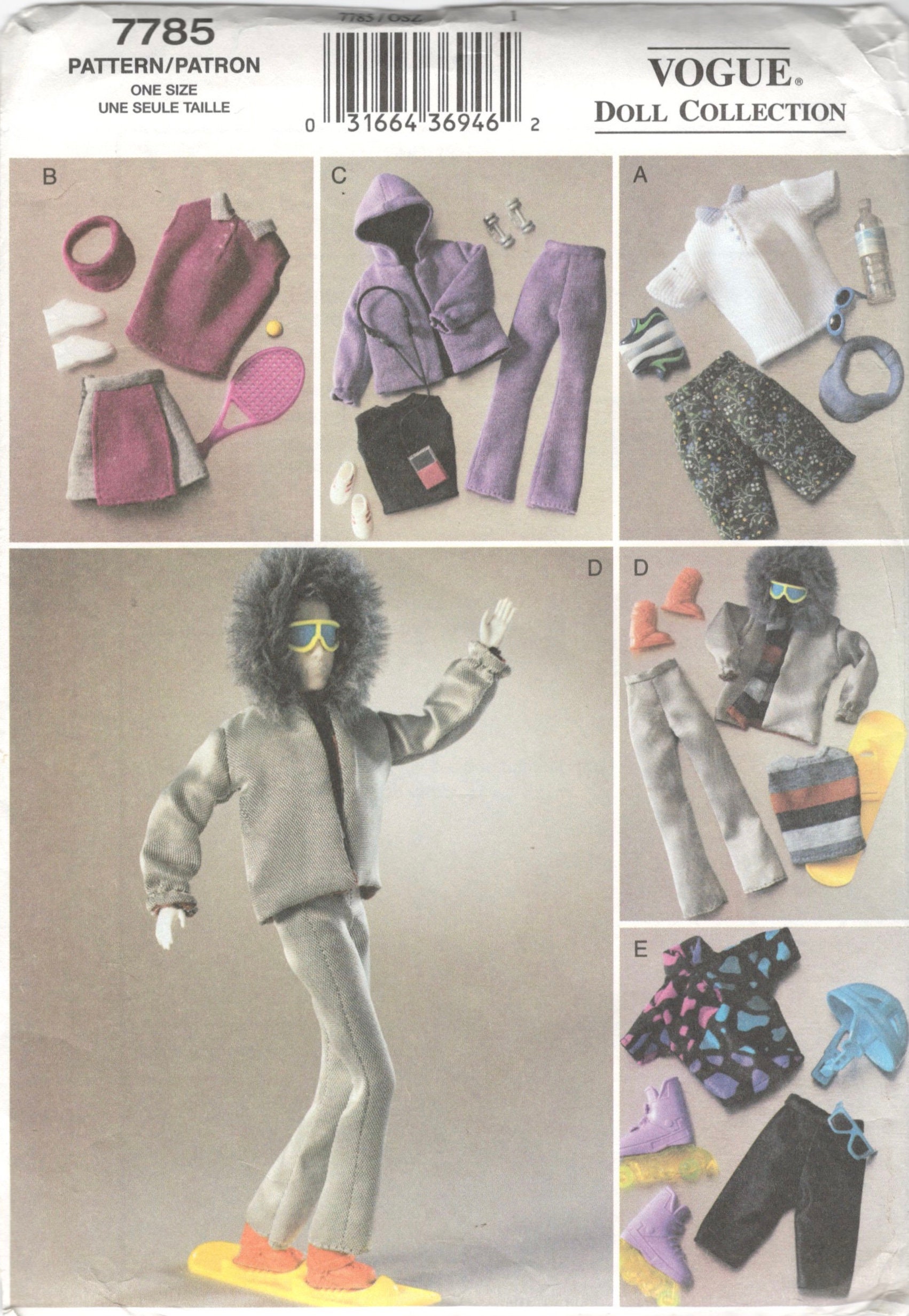 Vogue 7785 11 1/2 Inch Activewear Barbie Doll Clothes Pattern Skorts Jacket Parka More Snow Boarding Sking Tennis Gym Sewing Uncut