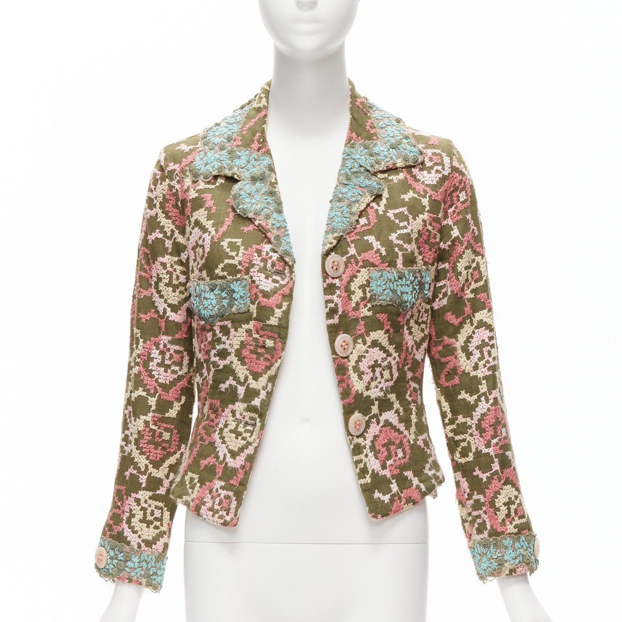 Voyage Invest In The Original London 100% Silk Embroidery Blue Embellished Cropped Blazer M, Women's (Size Medium)