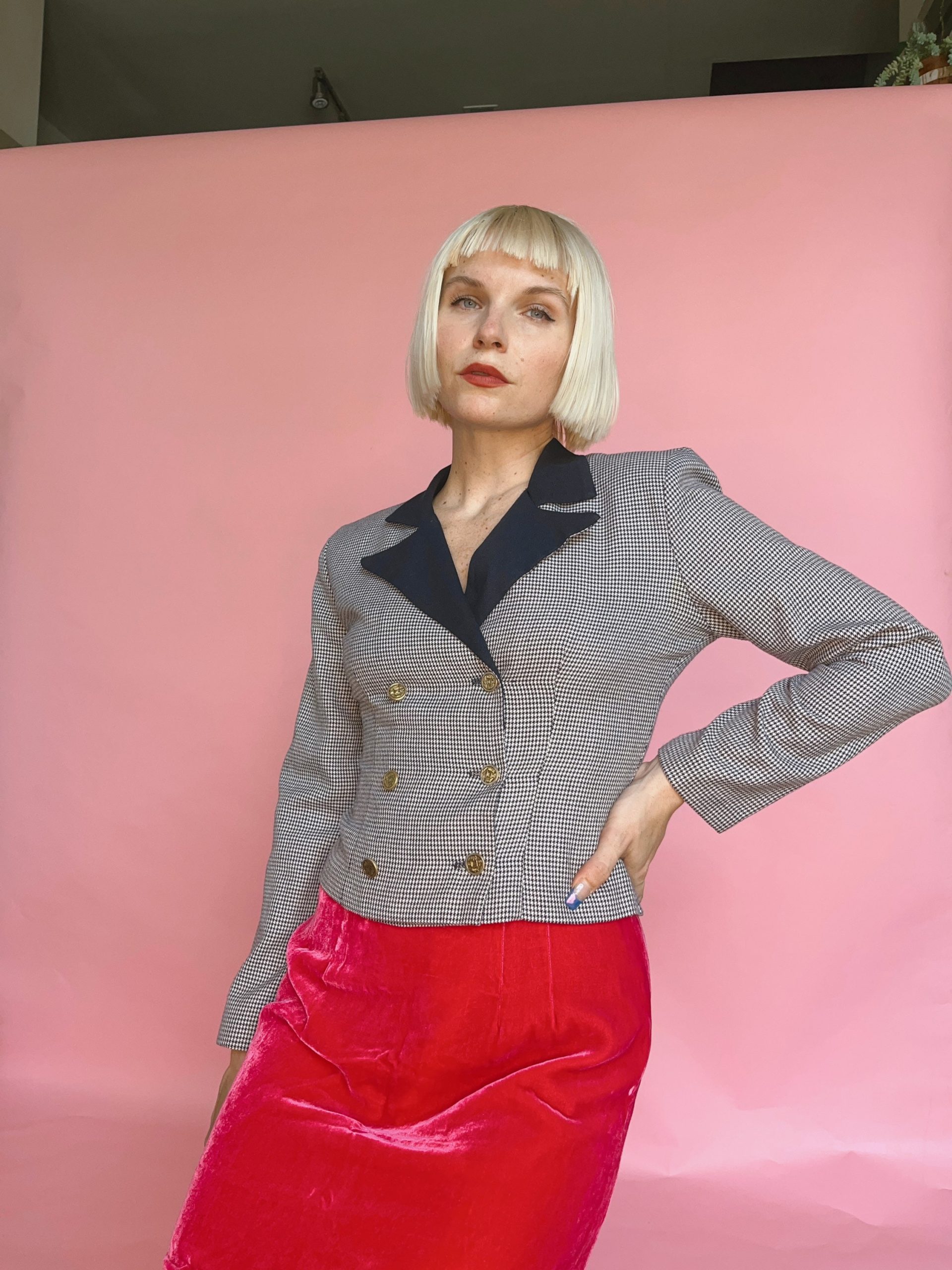 Vtg 80S Houndstooth Cropped Fitted Blazer