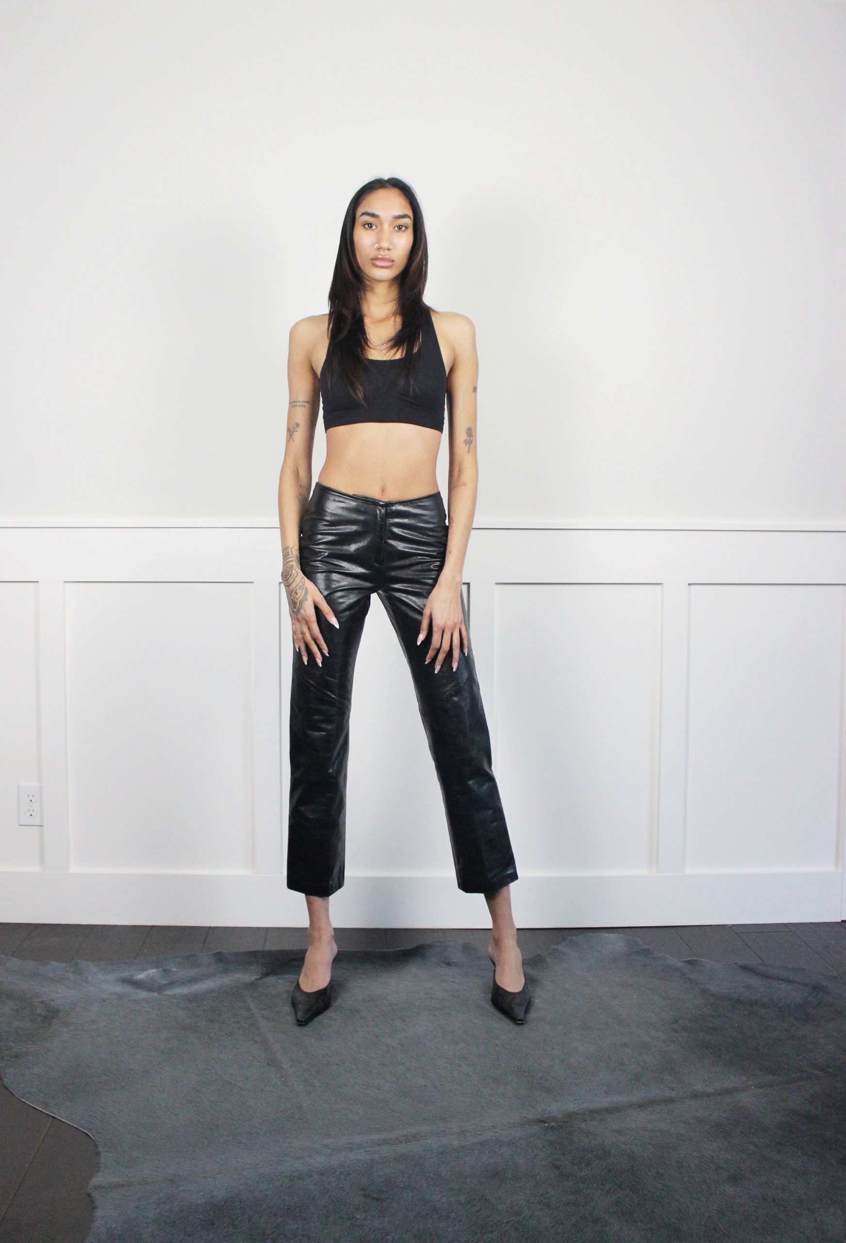 Vtg 90S Black Leather Mid Rise Skinny Pants Xs