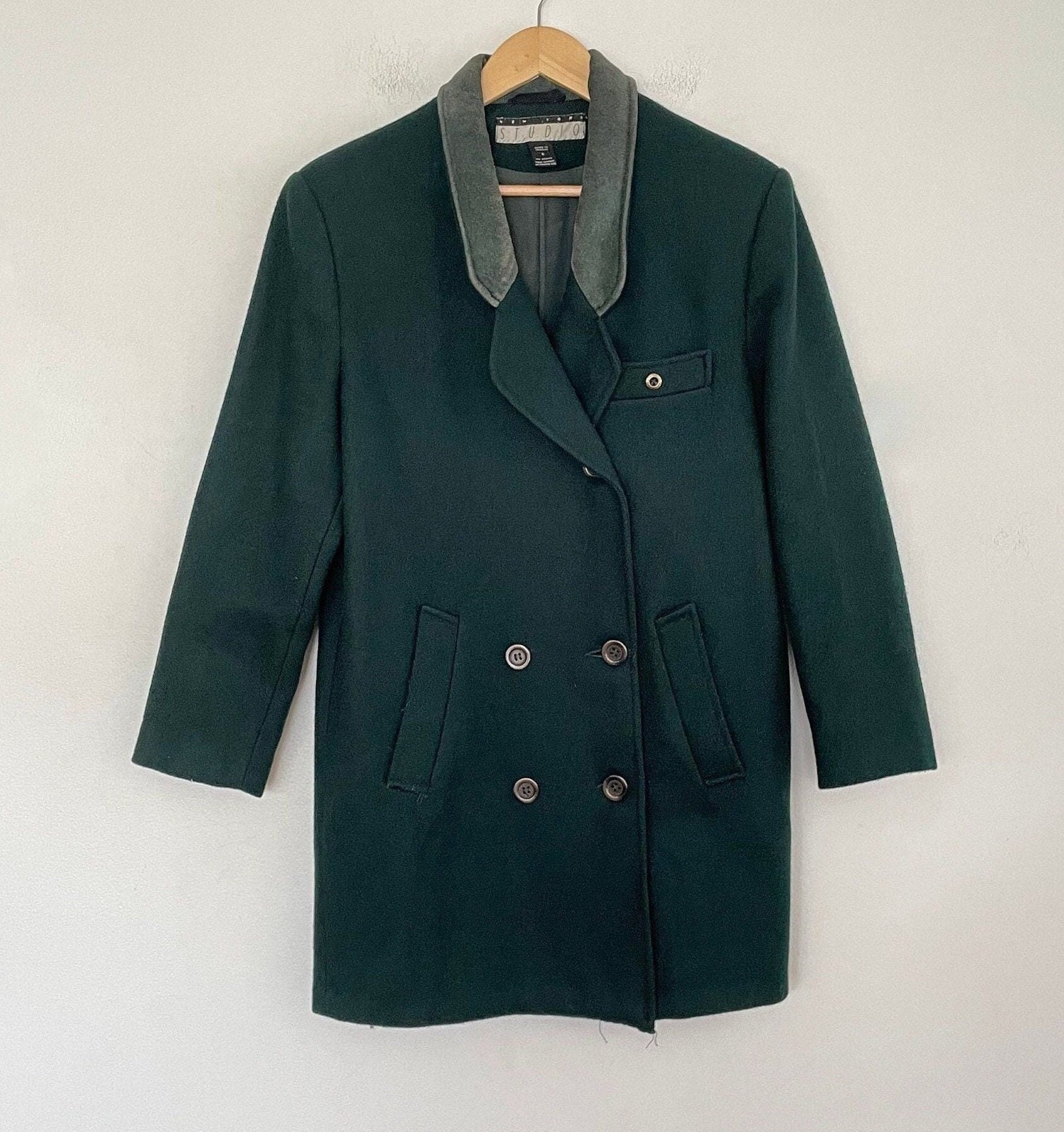 Vtg 90S Green Wool & Leather Trim Pea Coat