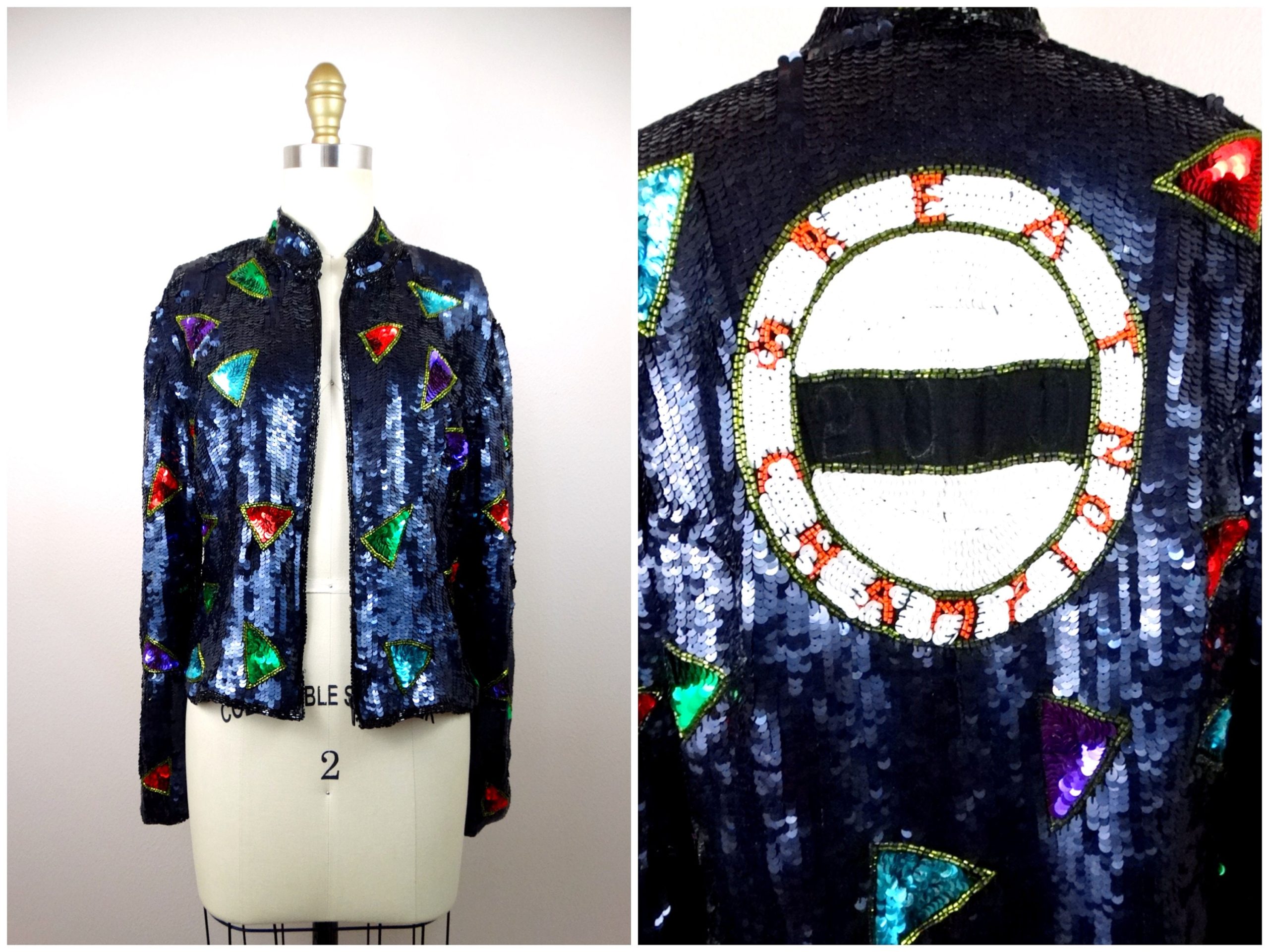 Vtg Geometric Sequined Bomber Jacket // Retro Sequin Embellished 1980's Hip Hop Varsity with Zipper