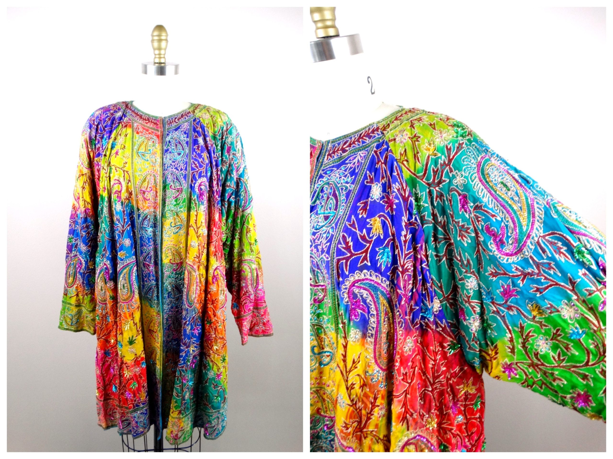 Vtg Rainbow Embroidered Sequin Duster Coat/Tie Dye Silk Sequined Long Jacket Bright Embroidery Embellished Kaftan Overcoat