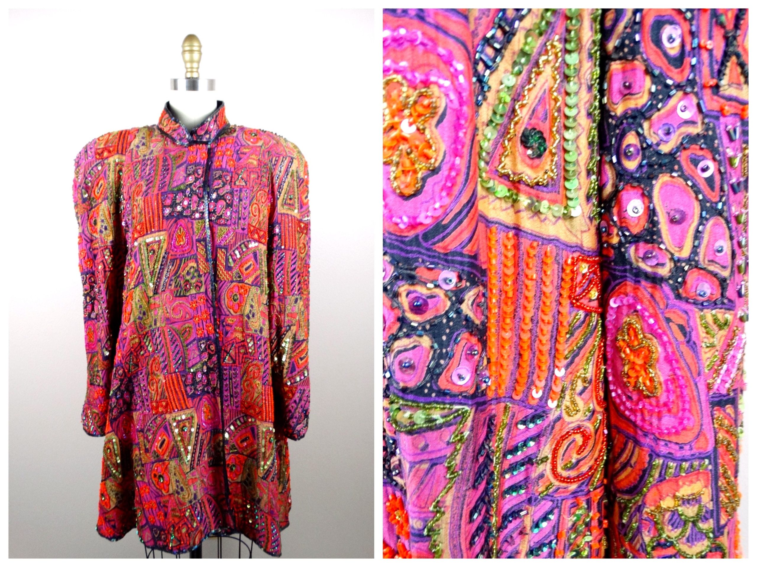 Vtg Sequin Duster Jacket/Bohemian Novelty Open Kaftan Bright Pink Purple Red Orange Vintage Beaded Sequined Swing Coat