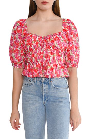 WAYF Avra Sweetheart Neck Peplum Top in Red /Purple Roses at Nordstrom Rack, Size X-Small