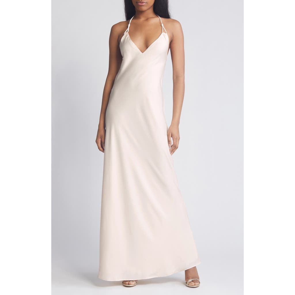 WAYF The Vienna Halter Neck Satin Slipdress in Beige at Nordstrom, Size Medium