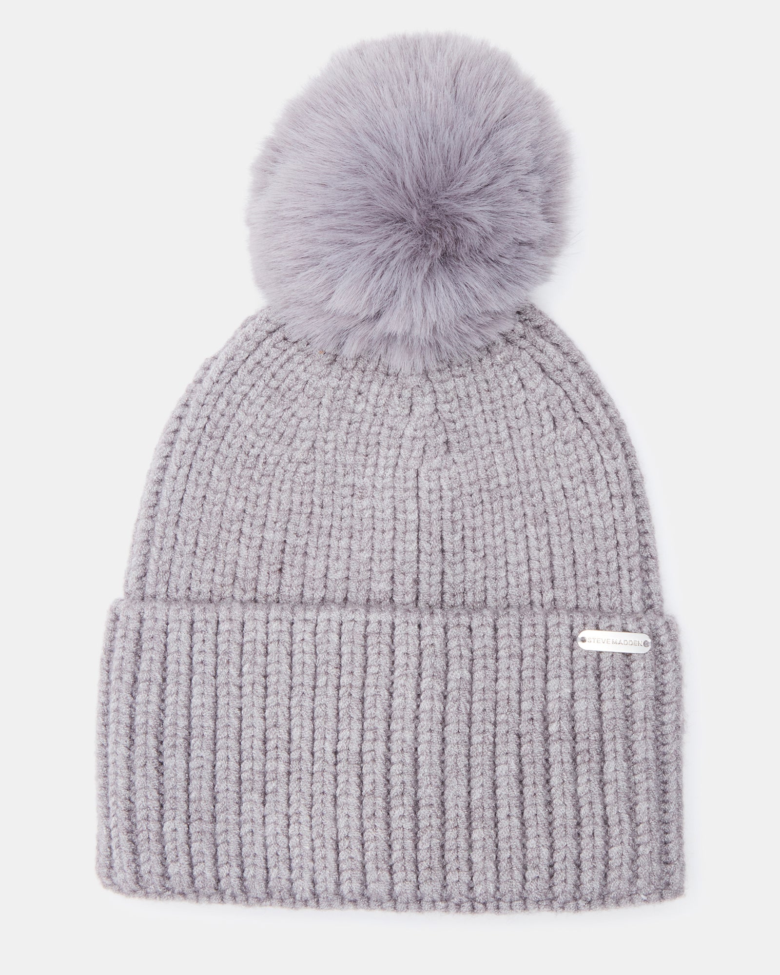 WIDE CUFF FAUX FUR POM BEANIE GREY