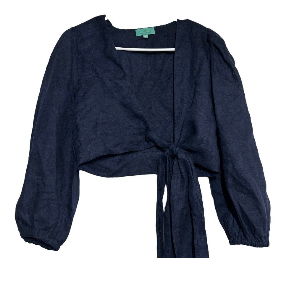 Waimari Linen Wrap Top Crop Blouse Balloon Sleeve Navy Xs in Blue, Women's