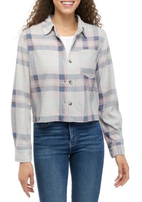 WallFlower Juniors' Long Sleeve Plaid Shacket, Grey, Large