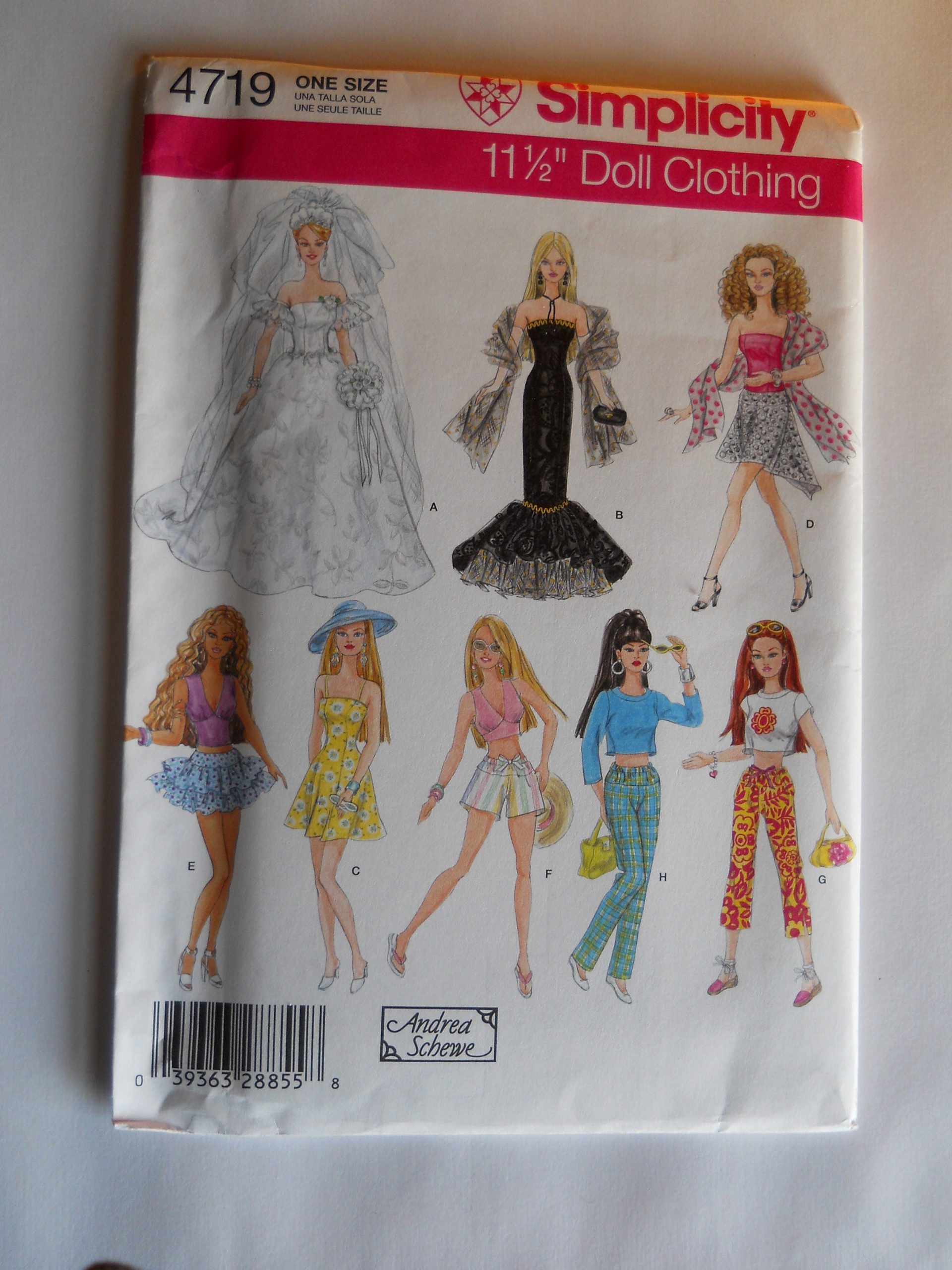 Wardrobe For 11.5" Fashion Doll Simplicity 4719 Sewing Pattern Wedding Dress, Mermaid Gown, Tee Shirt, Skirt, Pants, Shorts