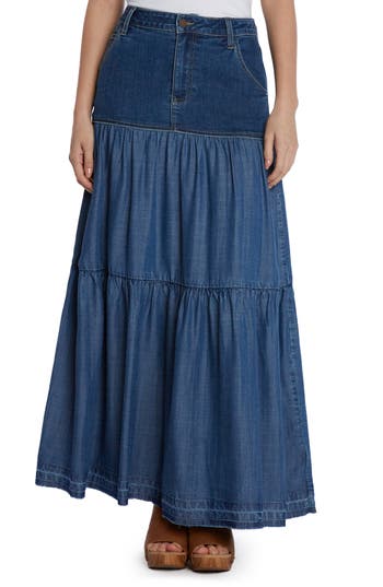 Wash Lab Denim Contrast Tiered Denim Maxi Skirt in Concert Blue at Nordstrom Rack, Size 25