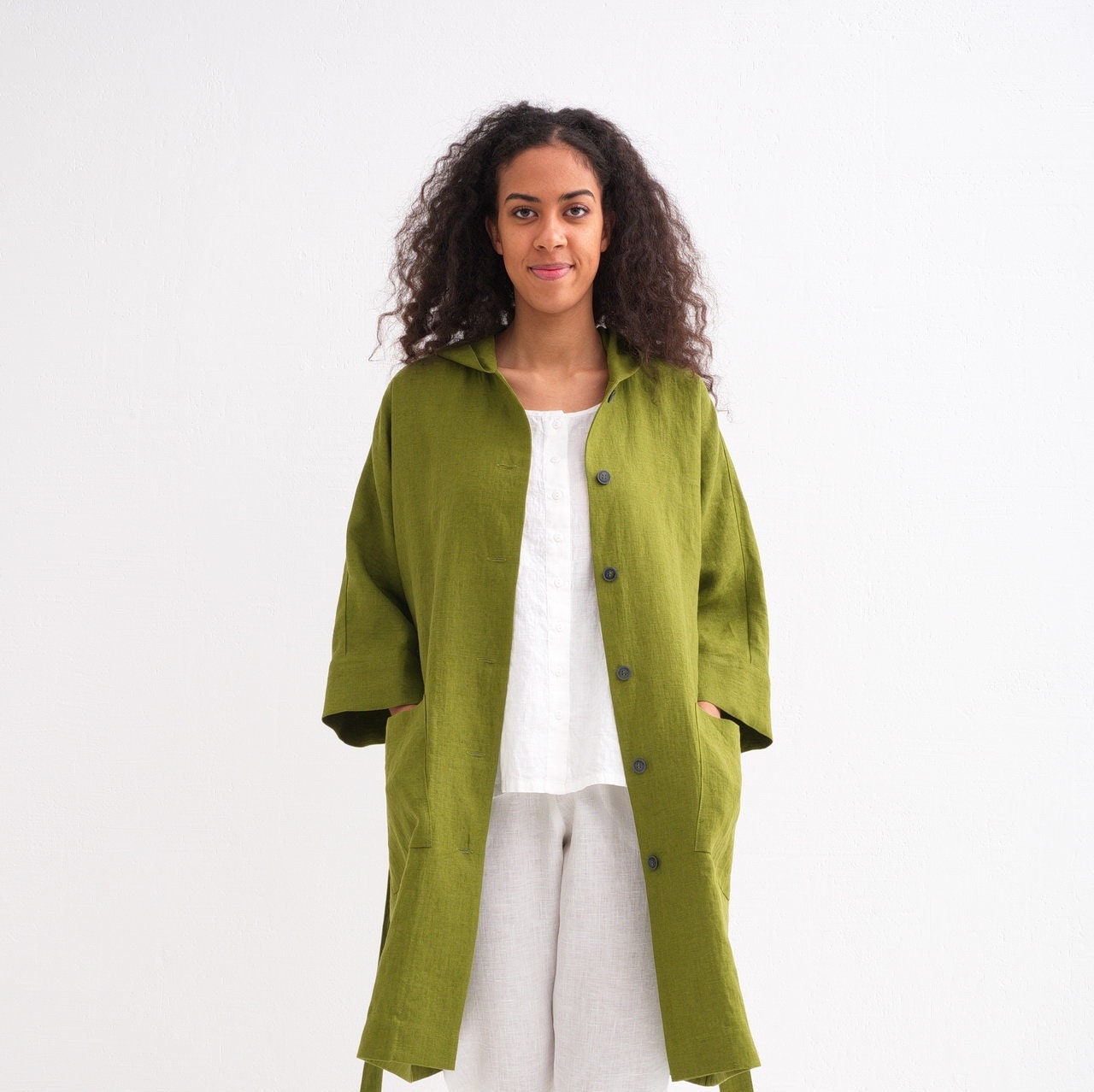 Washed Linen Jacket, Loose 3/4 Sleeve Hooded Coat With Pockets, Women Washed Linen Duster. 09/03