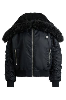 Water-repellent bomber jacket with zipped teddy-lined hood- Black Women's Casual Jackets size S