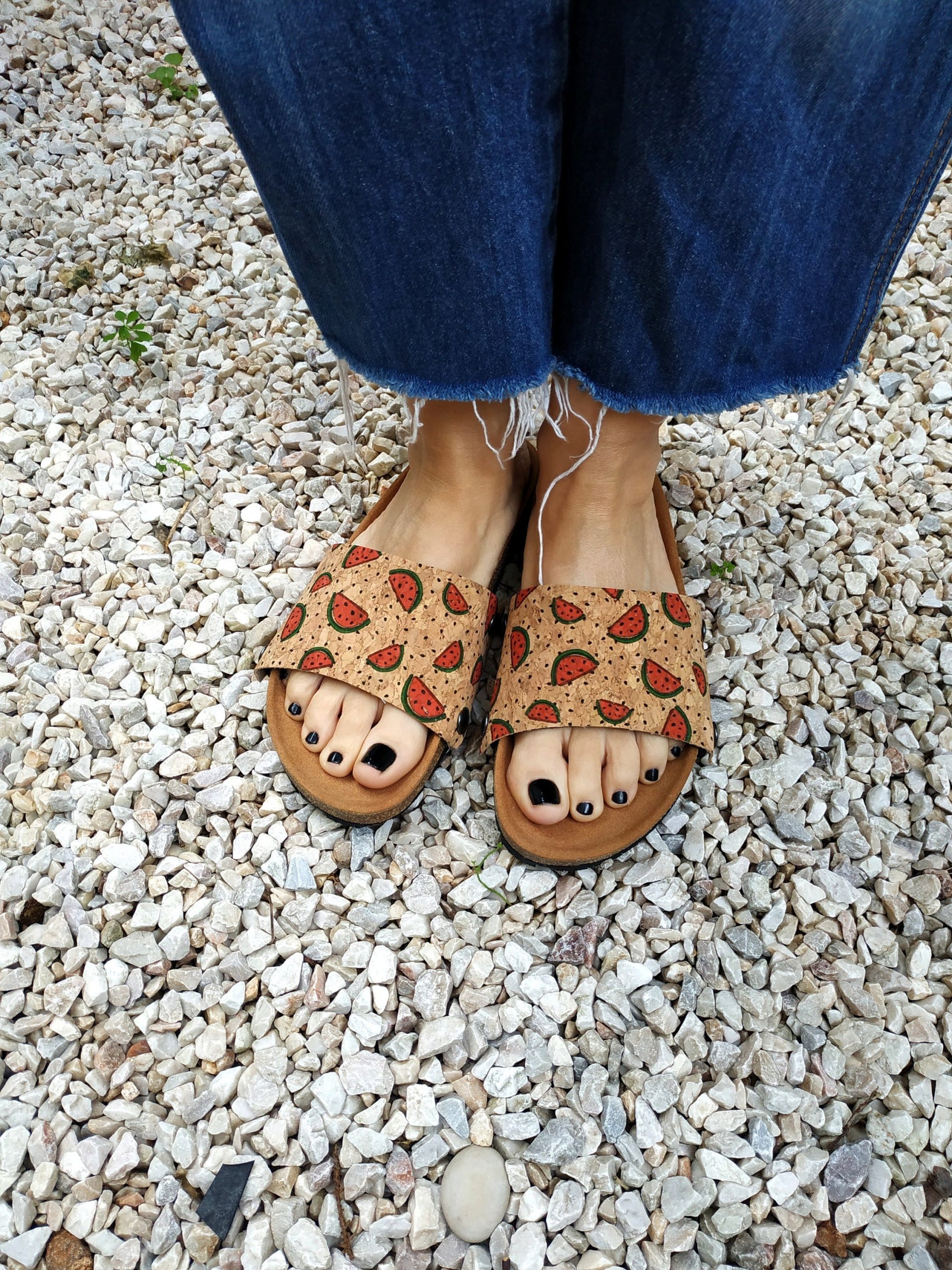 Watermelon - Covers For The "Ethical Magic Sliders' Made Of Cork Fabric. For Your Vegan Upcycled Sandals