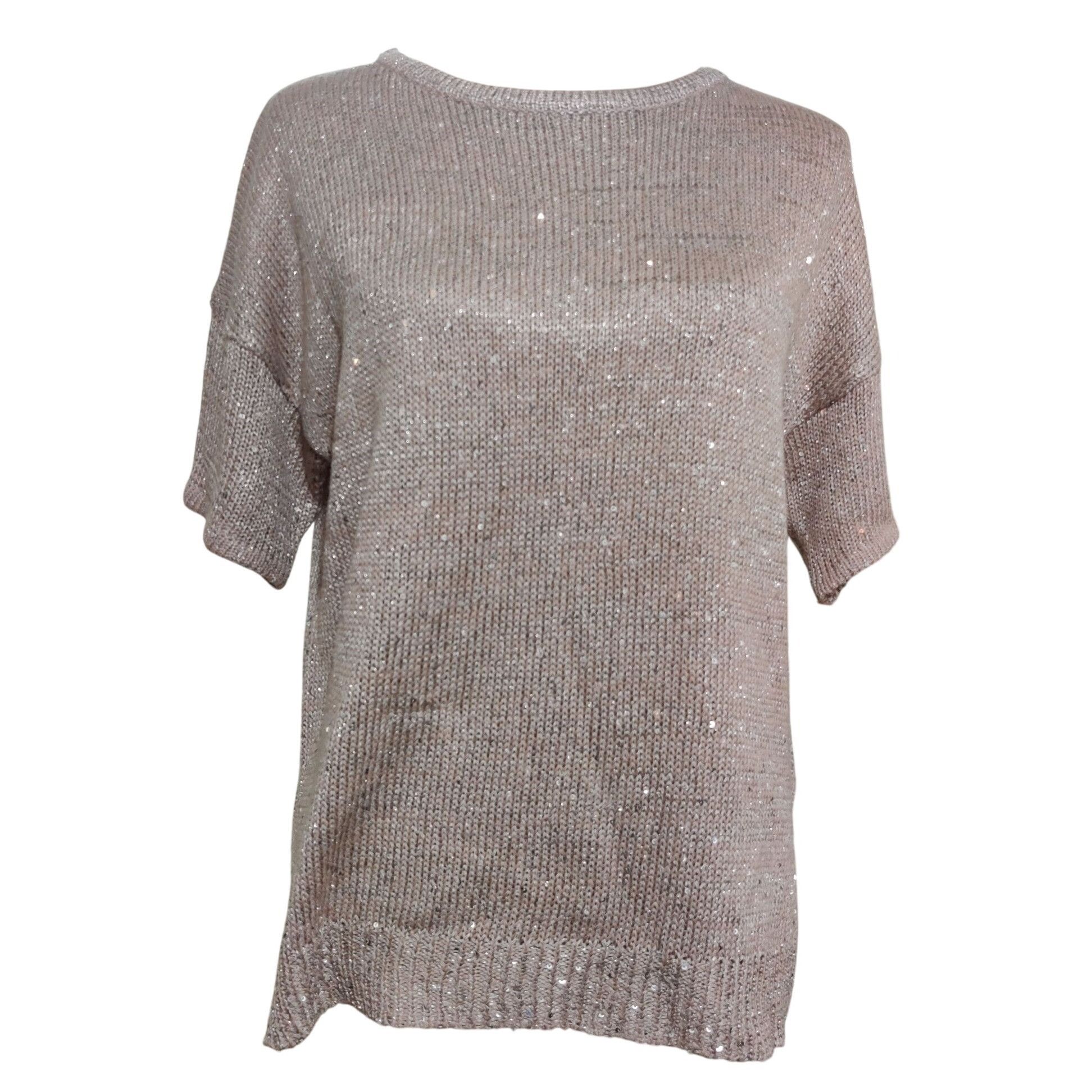 Wd Ny Womens Sweater Knit Top Short Sleeve Sequin Sparkly Me in Beige (Size Medium)