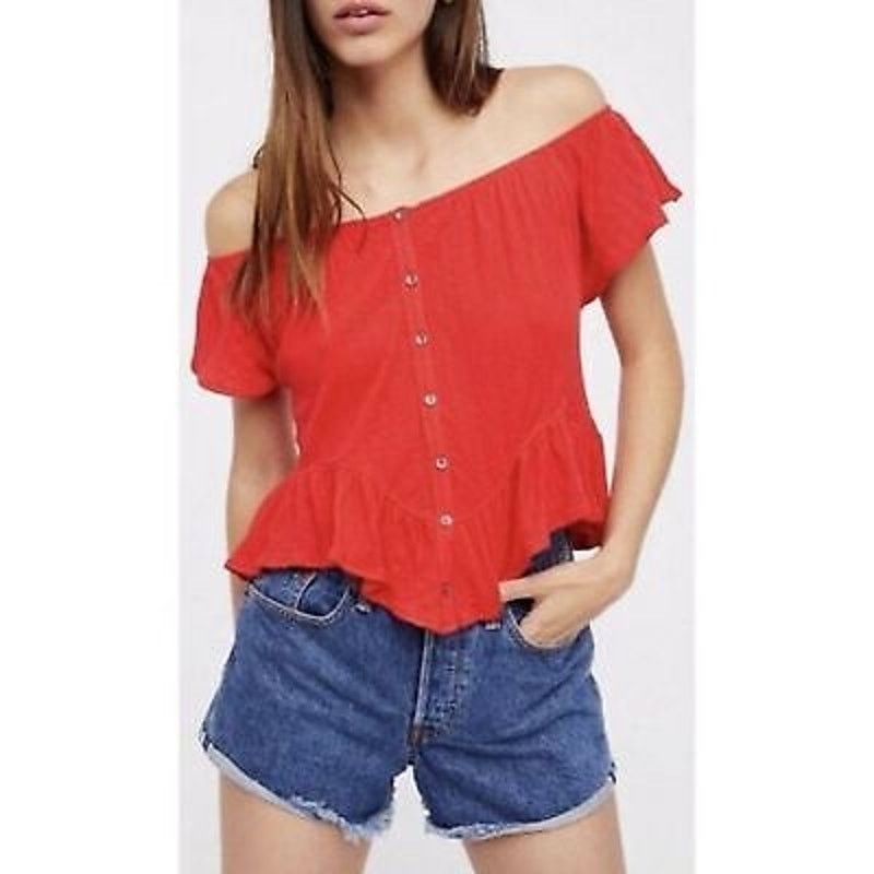 We The Free People Mint Jelep Red Off-The-Shoulder Top Small, Women's