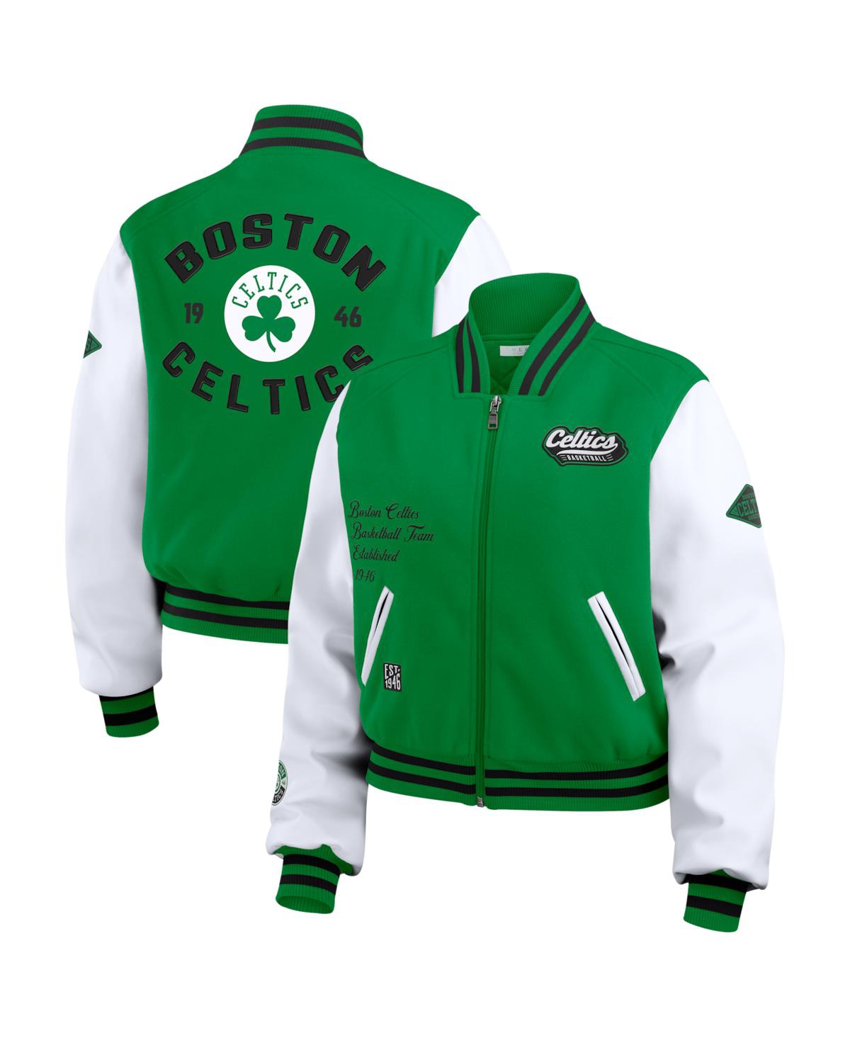 Wear By Erin Andrews Women's Kelly Green/White Boston Celtics Cropped Varsity Full-Zip Jacket - Kelly Green, White