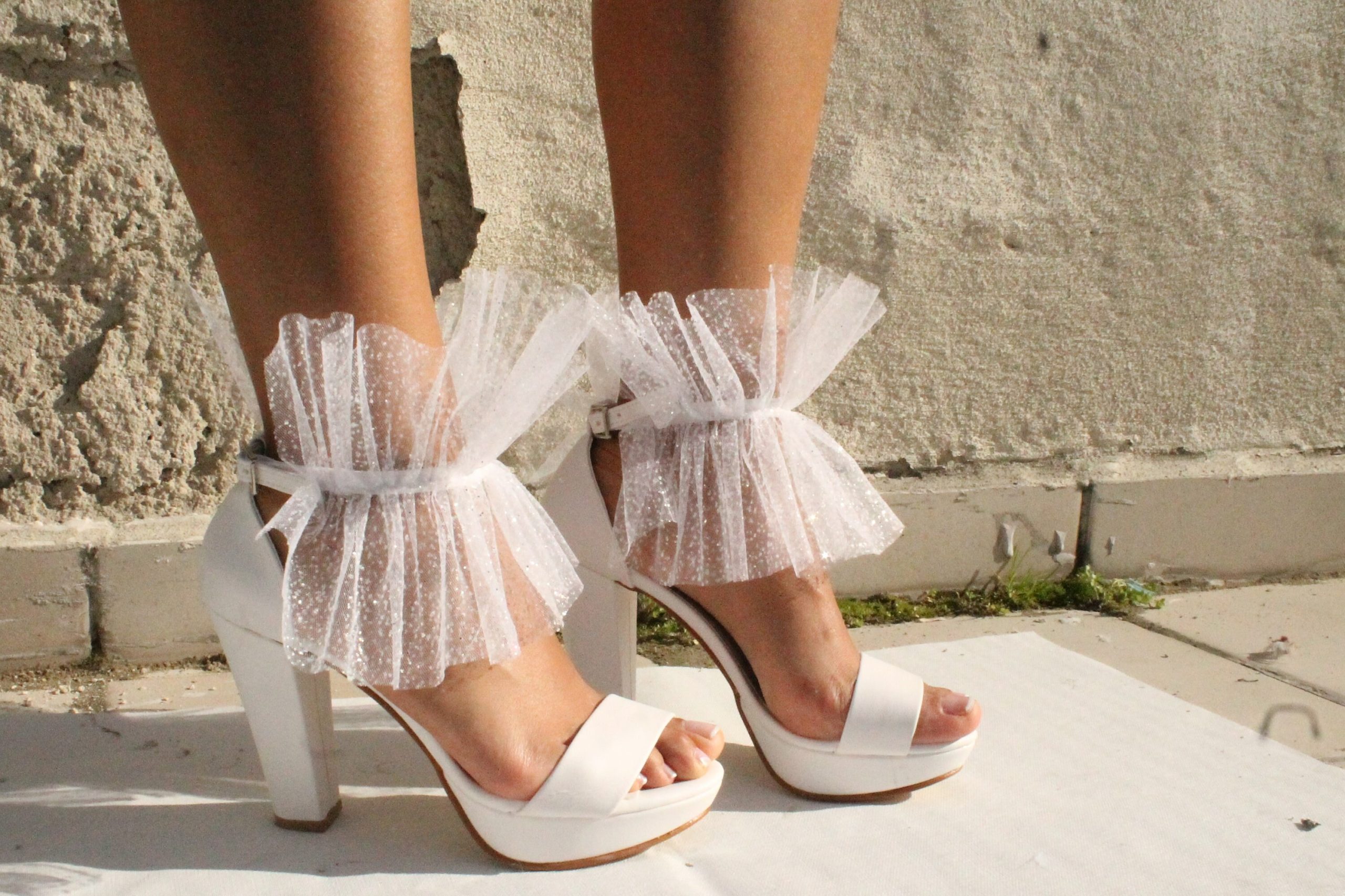 Wedding Platform Tulle Shoes - Block Heel -Wedding White Shoes Bridal Heels Sandals For Bride Bride