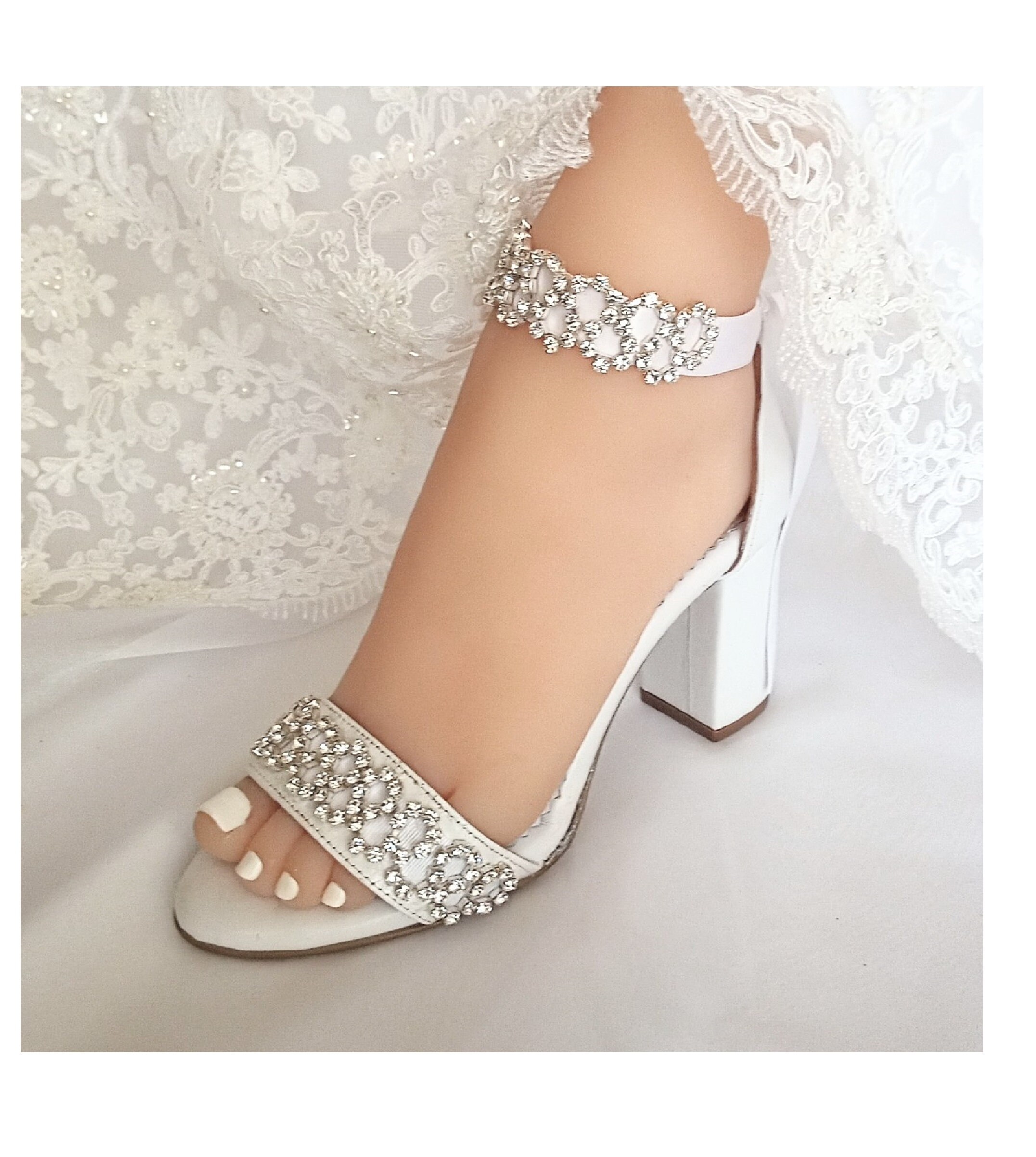 Wedding Shoes For Bride/ Rhinestone Bridal Lace-Up Block Heels/ Leather Sandals/ Handmade Wedding Heels 2.1''& 3.1'' Heel