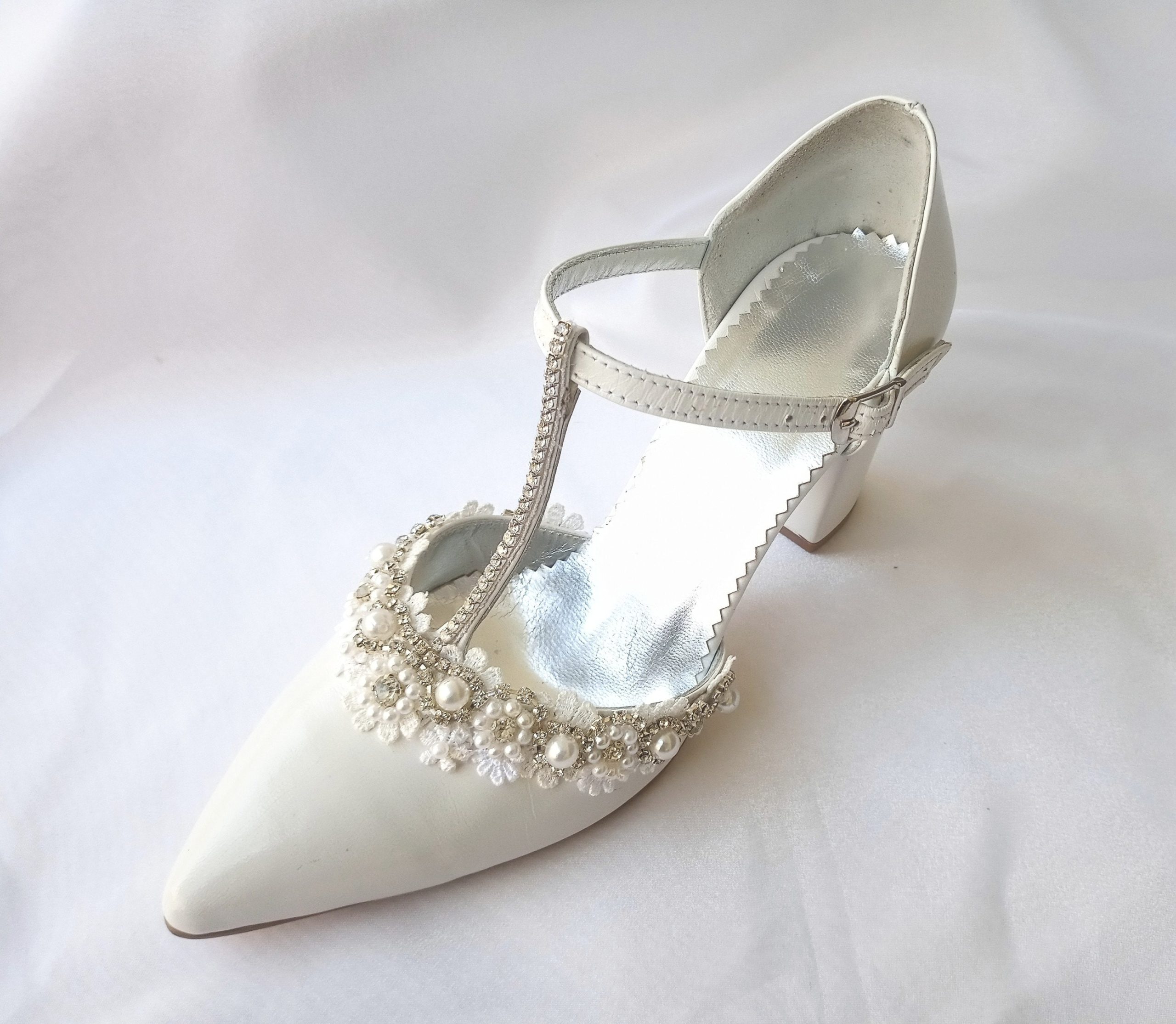 Wedding Shoes For Bride/White Bridal Leather Block Heels/Crystal & Pearl Ankle Strap Court /Handmade Embelished Pointed Toe