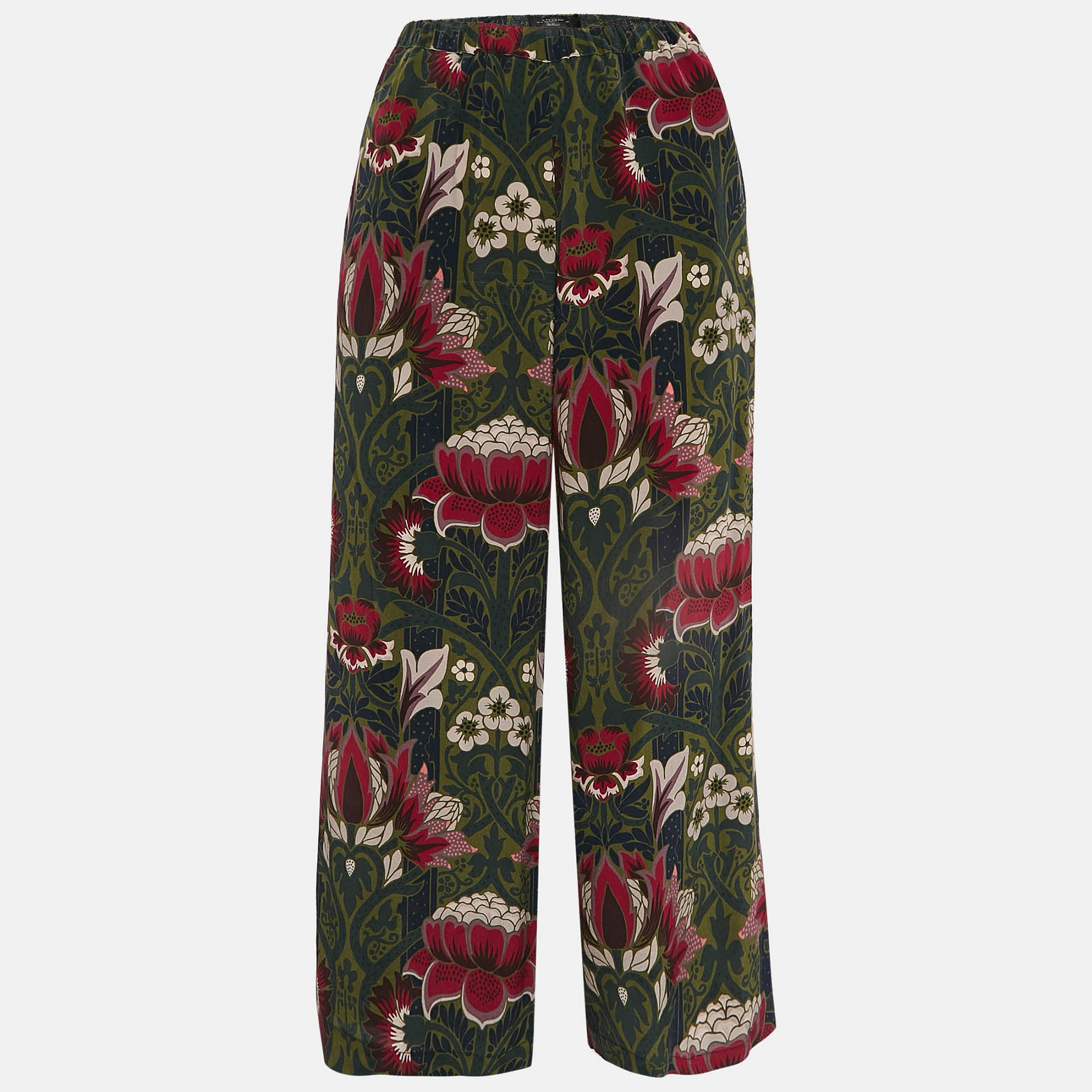 Weekend Max Mara Green Floral Print Silk Wide-Leg Pants S