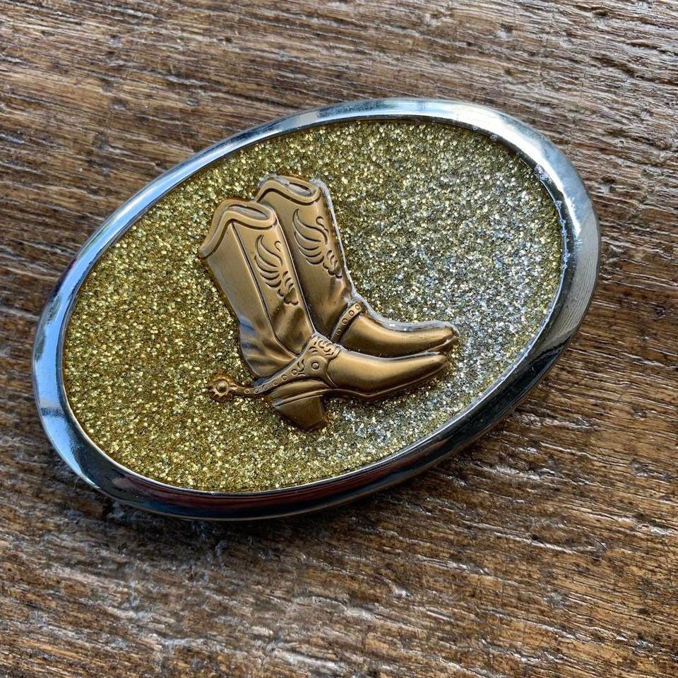 Western Cowboy Boots Gold Glitter Inlay & Colored On Chrome Silver Base Belt Buckle