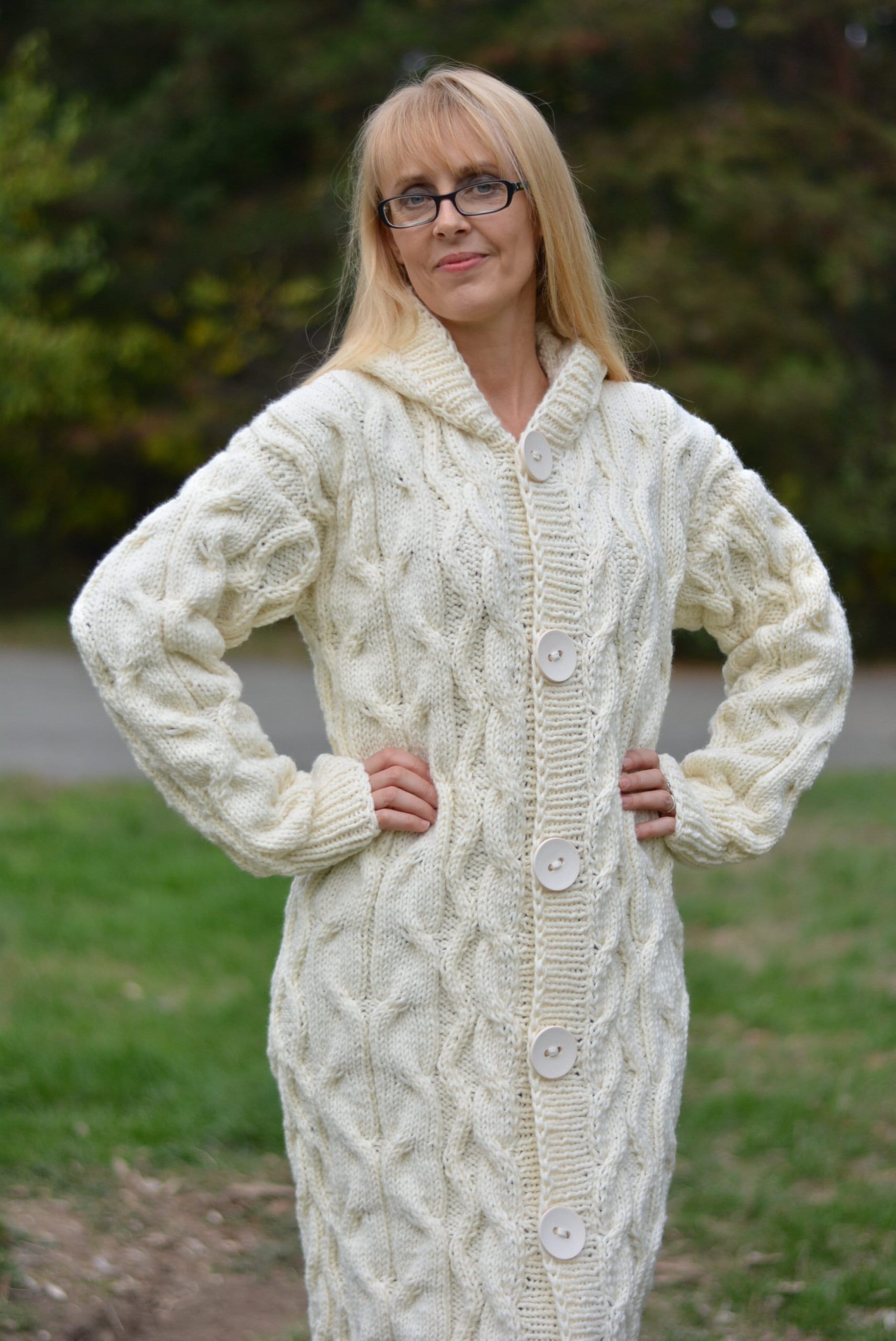 White Aurumn Cardigan Long Wool Handknit Soft Merino Coat Handmade Cabled Hooded Long Cream White Ready-To-Send