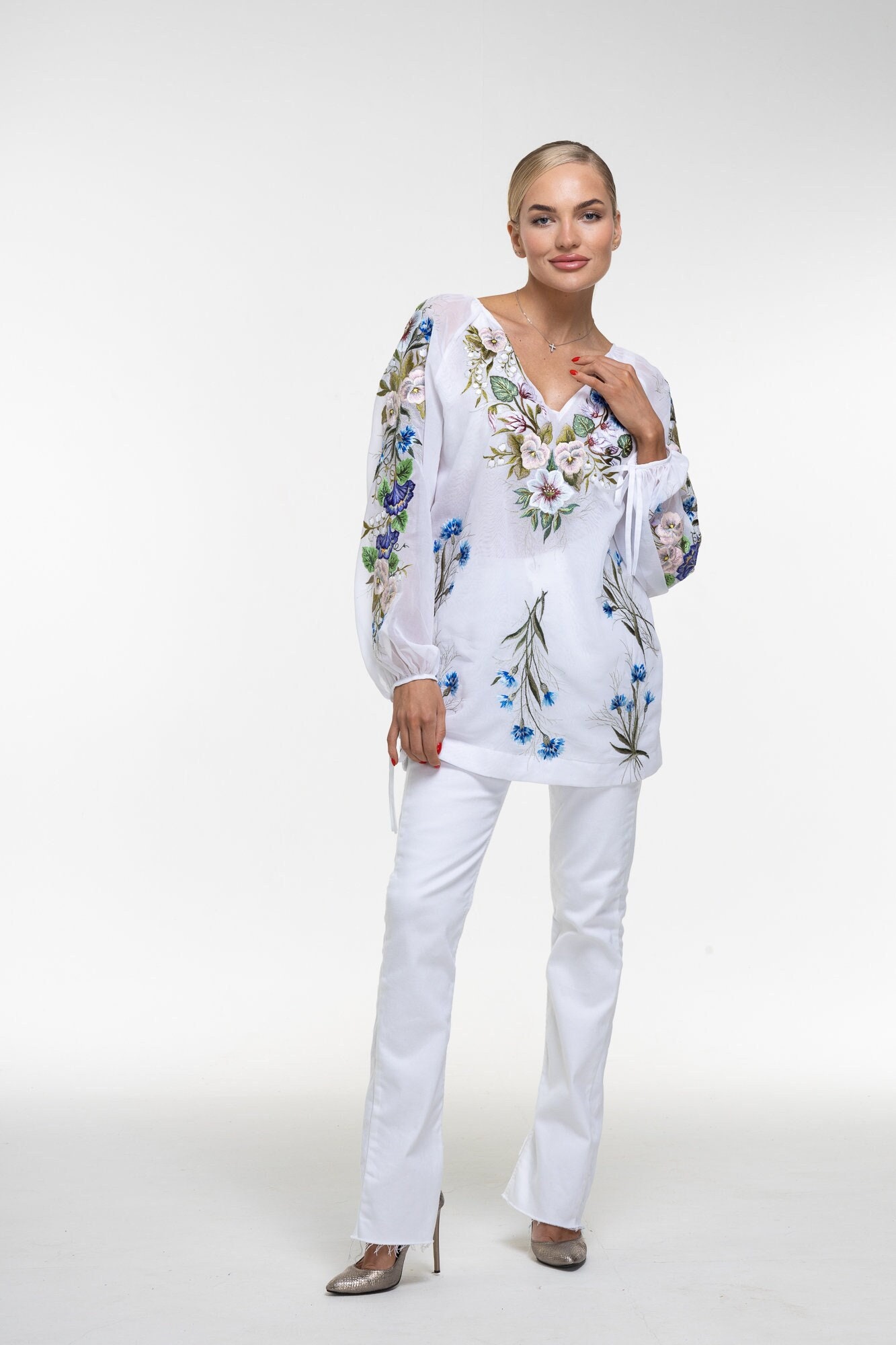 White Blouse, Embroidered Peasant White Blouse Top, Long Sleeve Elegant Tunic