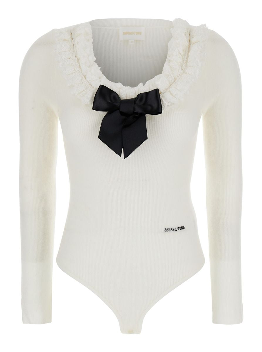 White Bodysuit With Decorated Neckline And Front Logo In Wool Blend Woman