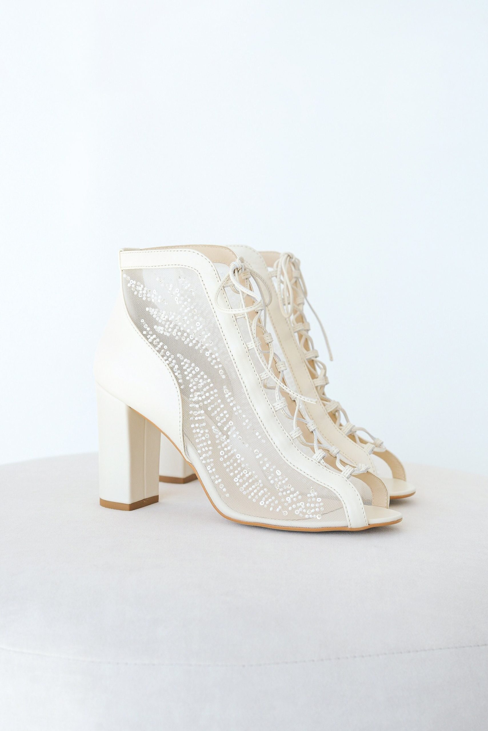 White Bridal Boots With Handmade Beads Embroidery & Leather Laces, Wedding High Block Heels, Shoes For Bride Peep Toe